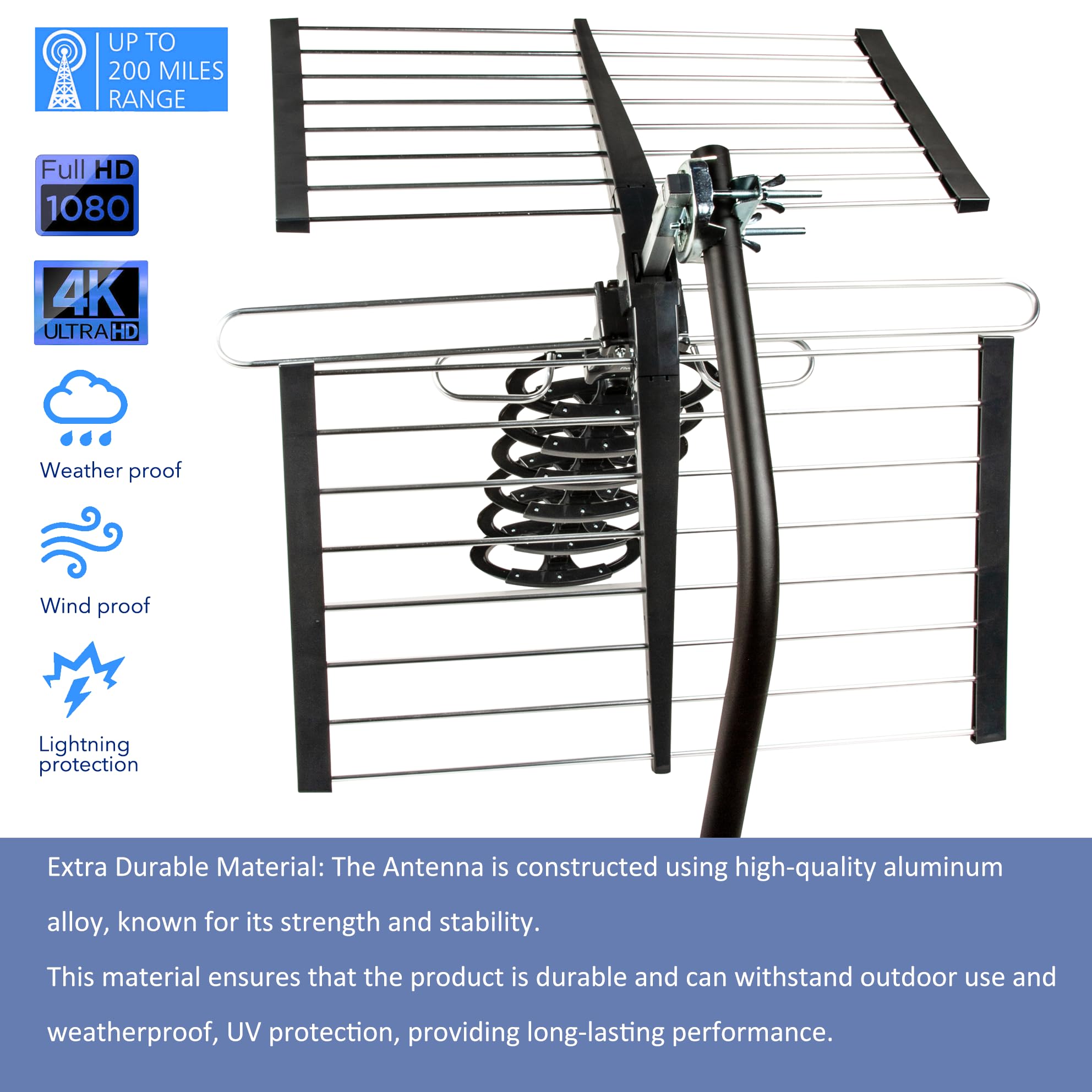 Five Star Antena para exteriores HDTV VHF UHF UHF de alto rendimiento de 200 millas de largo alcance con soporte de poste de montaje de 27 pulgadas ATSC 3.0 y 4K