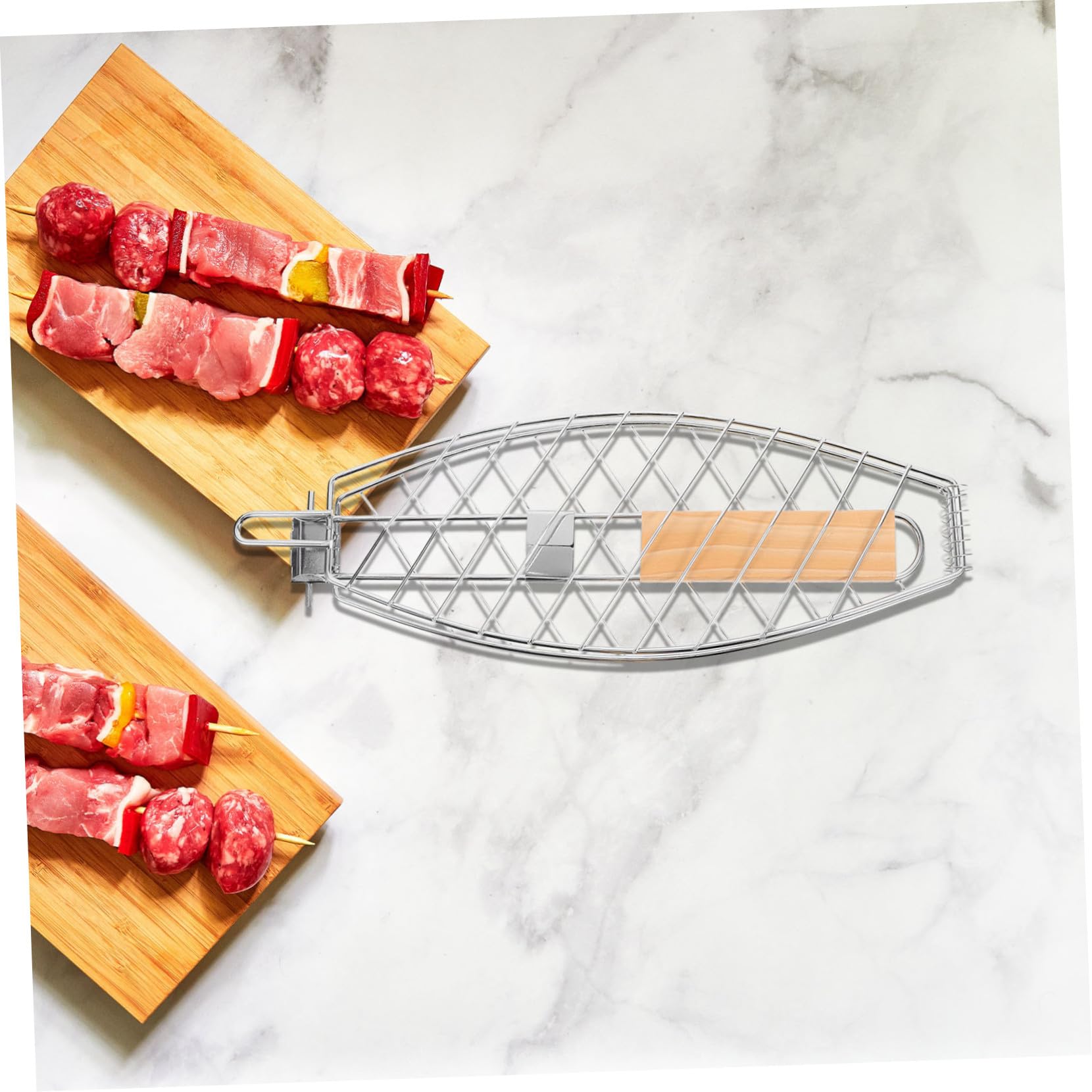 Set di 2 griglie pieghevoli per barbecue, in acciaio inox, manico resistente al calore, cestino multiuso per pesce e carne, facile da usare per cucinare all'aperto