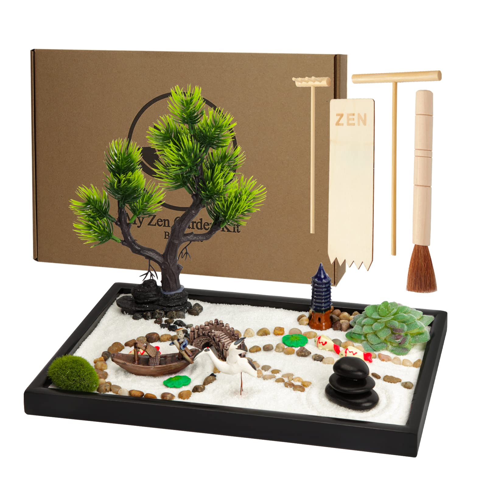 Up2UofZenUp2UofZen Authentic Zen Garden Kit, 12x8in Large Solid Wood Sand Tray Therapy Set, 4 Bamboo Tools, 12 Accessories, Home & Office Desktop Meditation Decor, Unique Relaxation Gifts for Women Man Friends