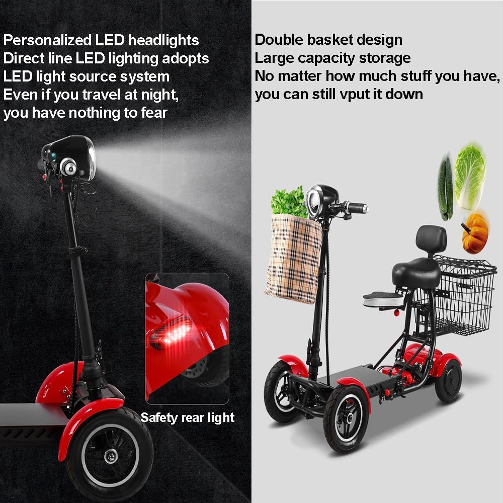 Scooters De Movilidad De 4 Ruedas, Scooters De Movilidad Plegables, Cestas Dobles Delanteras Y Traseras, Frenos De Disco Dobles para Adultos Mayores Discapacitados Viajes Al Aire Libre
