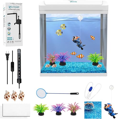 UTFFEDY Tanque de peces de cristal, 2.4 galones Betta Aquarium Kit para principiantes multifuncional pequeño pecera con LED, filtro, piedras de