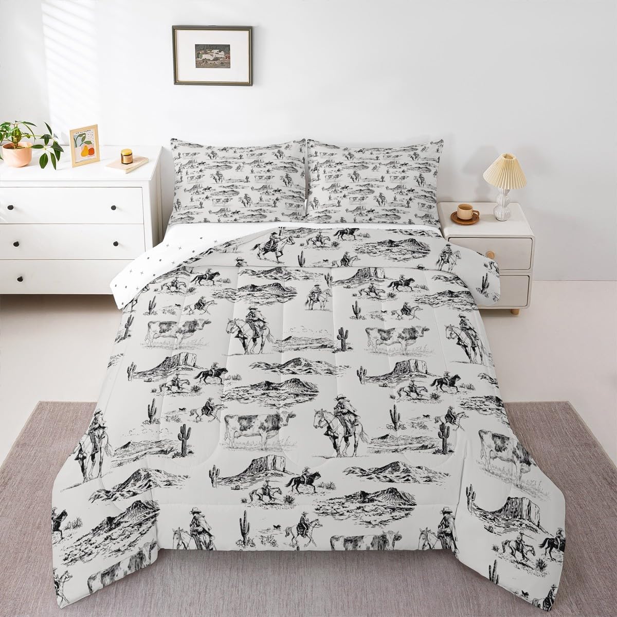Feelyou Western Decor Comforter Set for Kids Boys Girls Wild West Cowboy Comforter Full Size Rodeo Cowboy Style Bedding Set Bedroom Decor White Duvet Set Quilt Set 3Pcs
