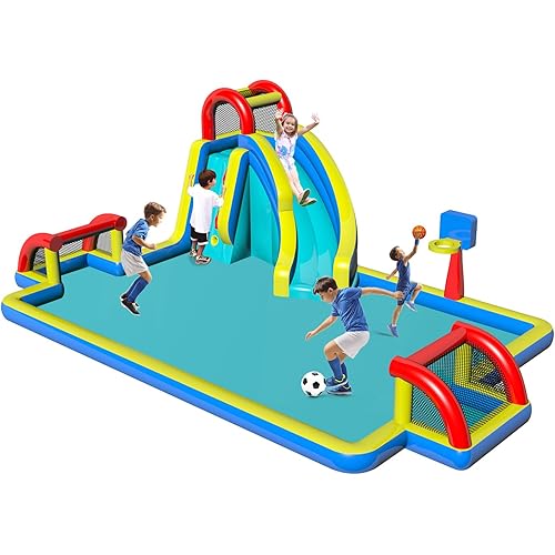 Inflatable Water Slide with Double Soccer Goal,Big Splash Pool,Basketball Hoop,Climb Wall,Air Blower,Children Bounce Slide for Party Fun