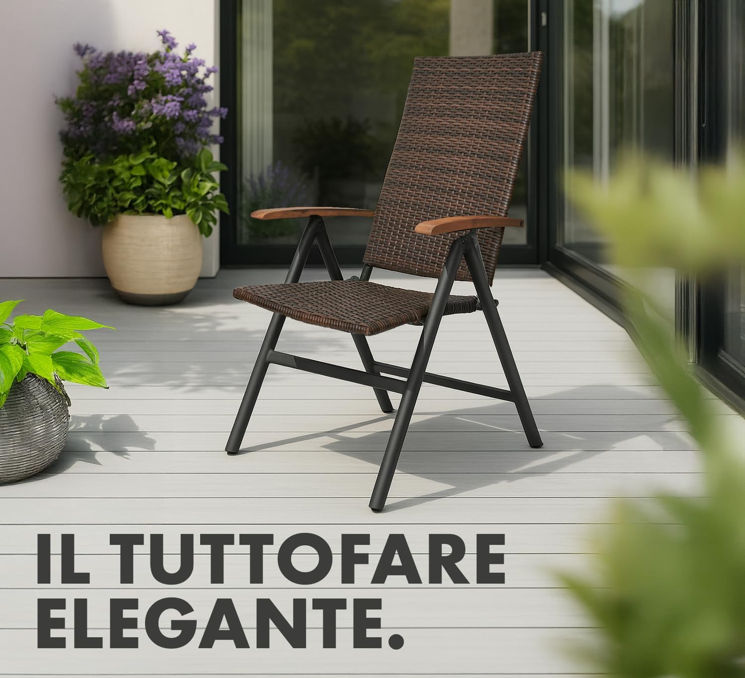 Brubaker Modena Sedia da Giardino in Poli Rattan - Sedie con Schienale Alto Pieghevole - Schienale Regolabile in 7 Posizioni - Metallo - Resistente alle Intemperie - Marrone/Grigio