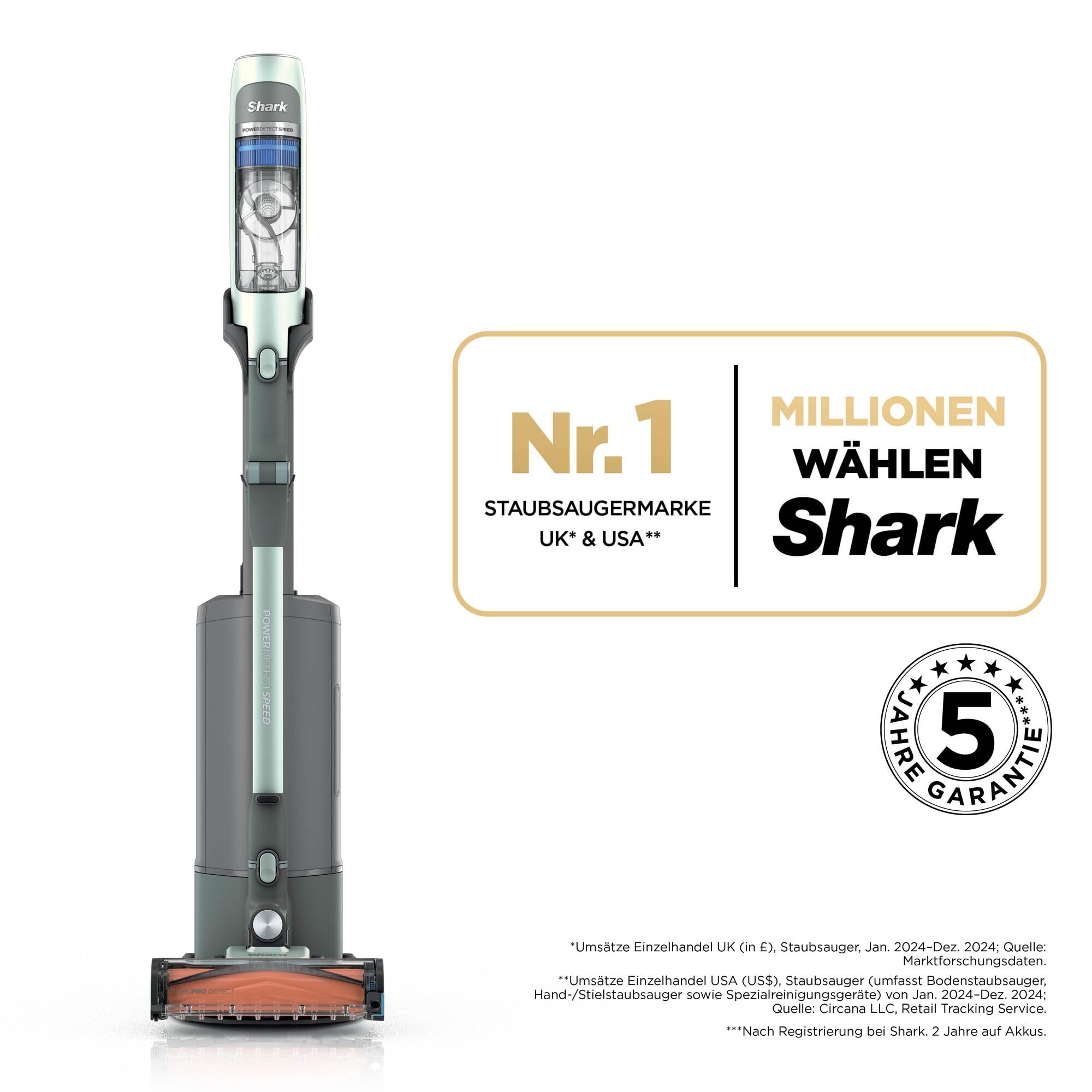 Shark Detect Speed Clean & Empty Pet Pro Akku-Staubsauger, Reverse Clean, bis zu 60 Minuten Laufzeit, inklusive selbstentleerender Ladestation und Tierhaaraufsatz, Salbeigrau IA3243EUT