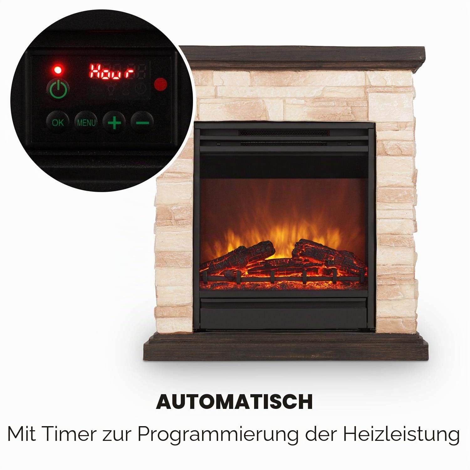 Klarstein Kaprun Elektrokamin - Kamin elektrisch mit 1800 W Leistung und Flammeneffekt, Elektro Kamin Steindekor, Polystone, inkl. Fernbedienung, schwarz-braun
