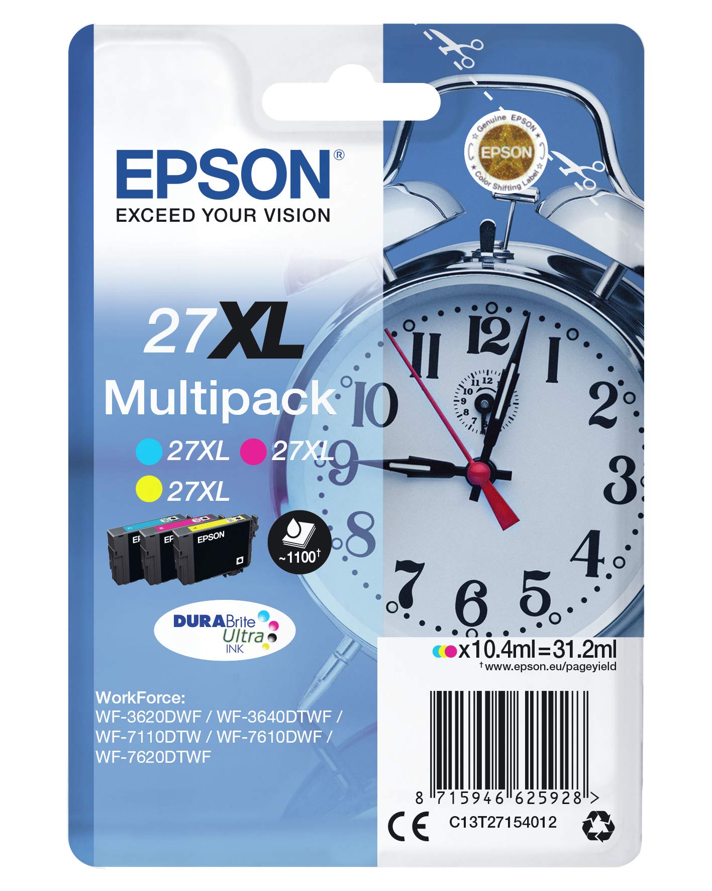 Epson Sveglia Serie 27XL, DURABrite Ultra Ink, Multipack 3 colori, Ciano, Magenta, Giallo, Formato XL