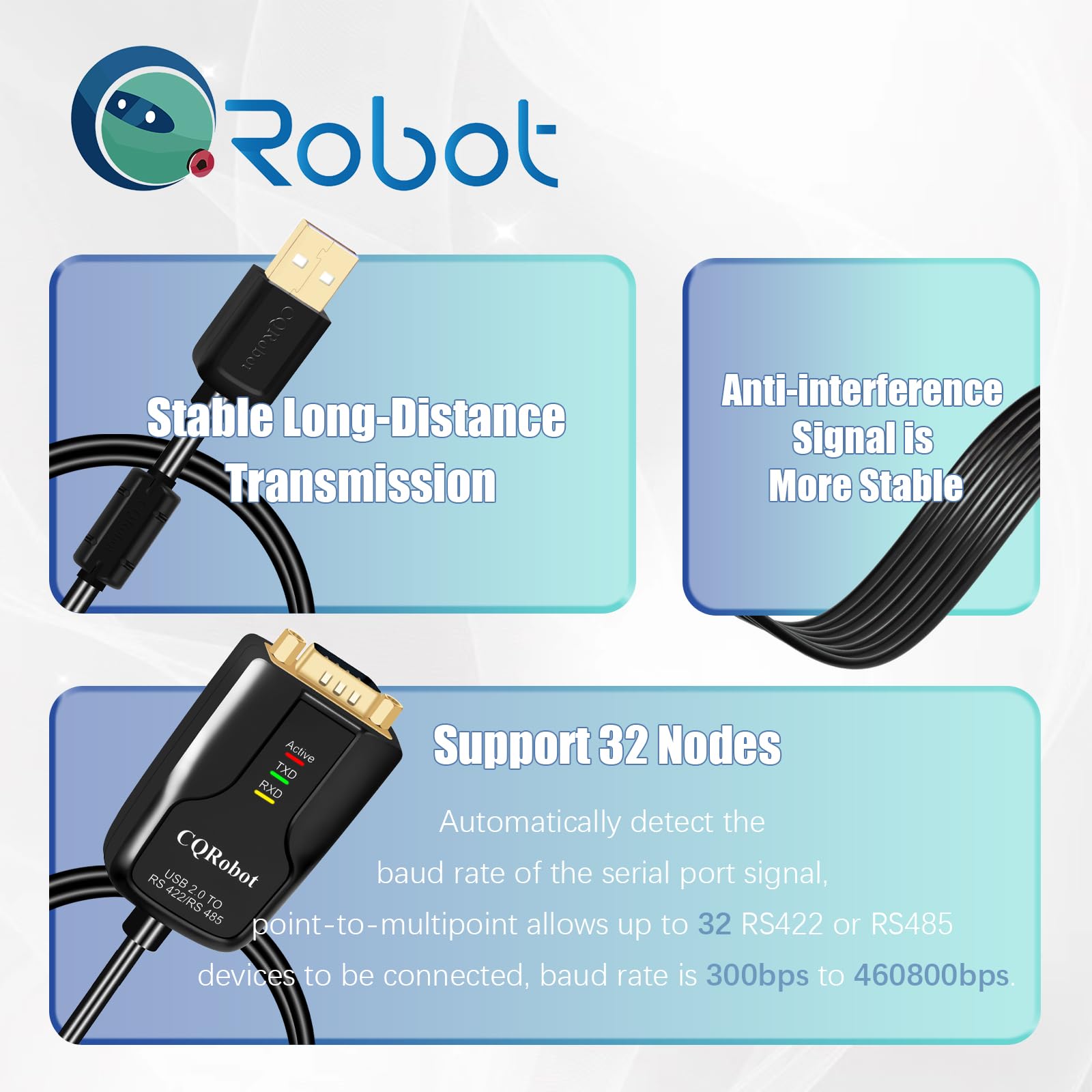 CQRobot 7,2 Piedi USB a RS422 o RS485 Porta Seriale Convertitore Adattatore Cavo Con Chip FTDI FT232. Supporta Windows 10 8 7 XP Mac. 600W-SPD, 15KV-ESD, Controllo Automatico I/O, Supporto 32 Nodi.