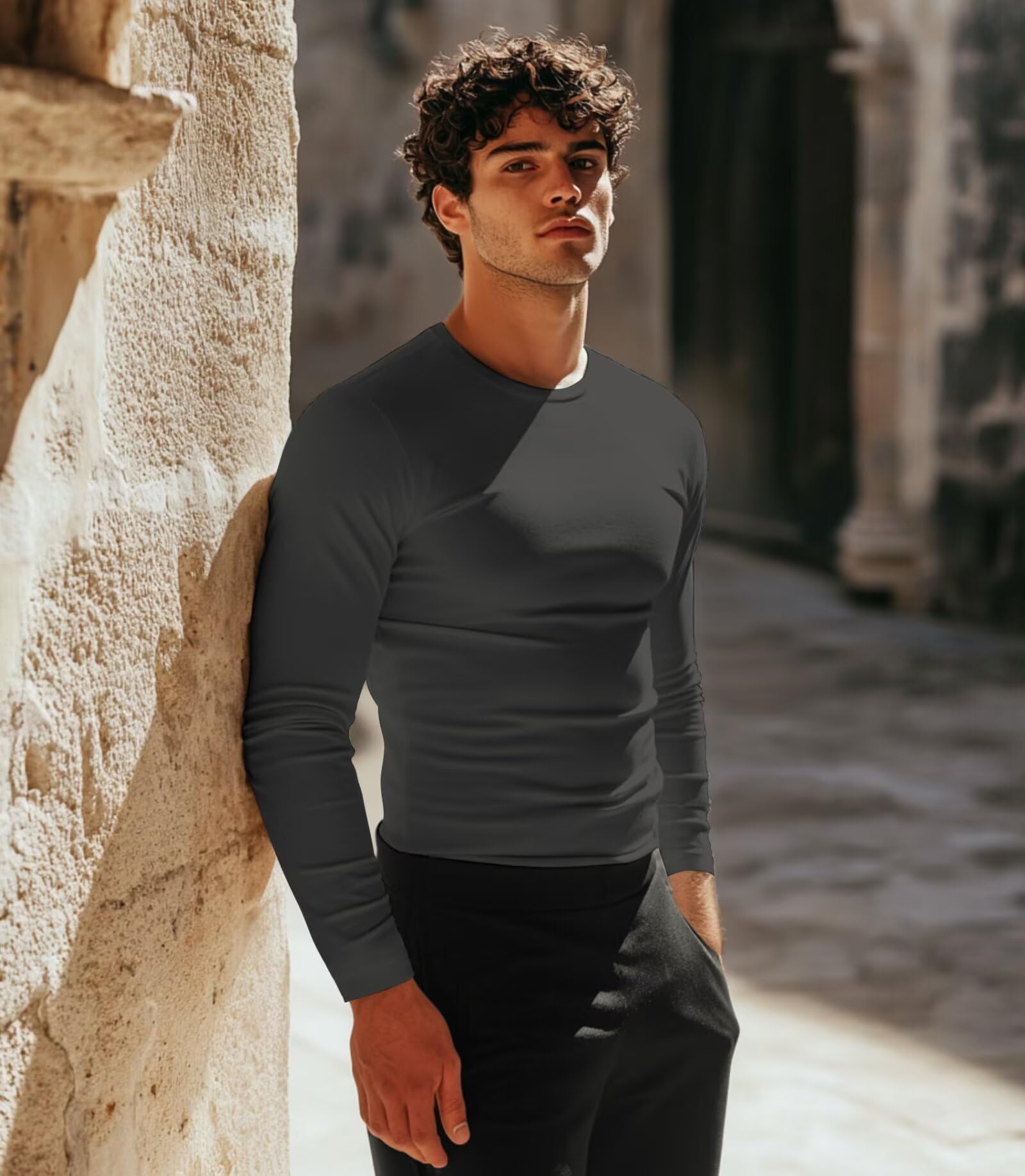 Camiseta interior deportiva para hombre, capa base térmica atlética, cuello redondo, manga larga, camiseta de entrenamiento ajustada