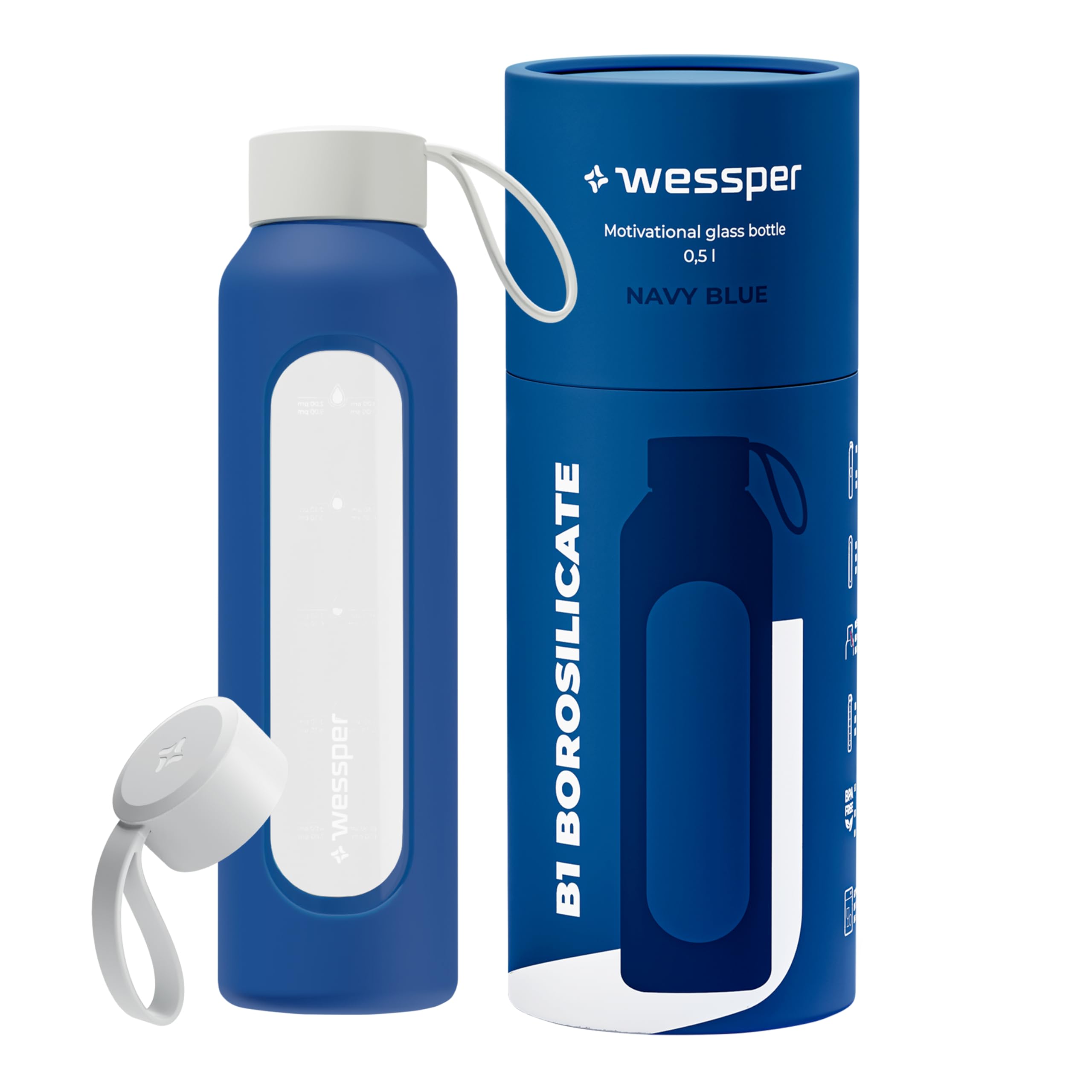 Wessper Borraccia 500 ml, bottiglia motivazionale con scala di idratazione, borraccia in vetro borosilicato con custodia in silicone, materiale sicuro senza BPA – Blu