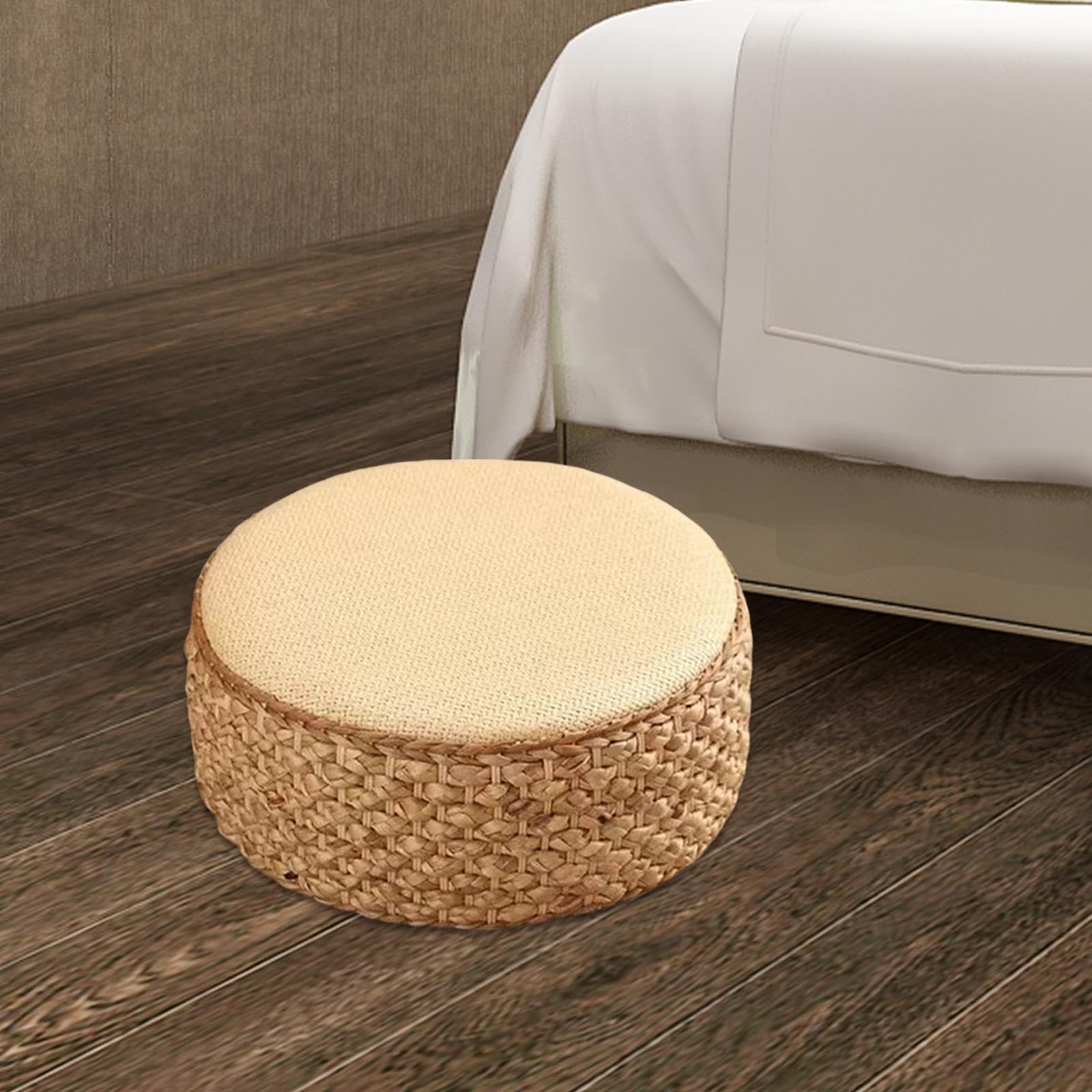 F Fiftyle Cuscino Tatami in Rattan Poggiapiedi Rotondo - Ottomano da Pavimento per Balcone e Sala Beige