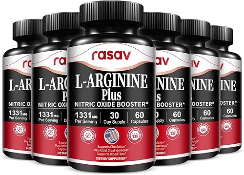 Rasav Paquete de 6 suplementos de refuerzo de óxido nítrico, mezcla de L-arginina, L-citrulina y beta alanina para energía, rendimiento, resistencia
