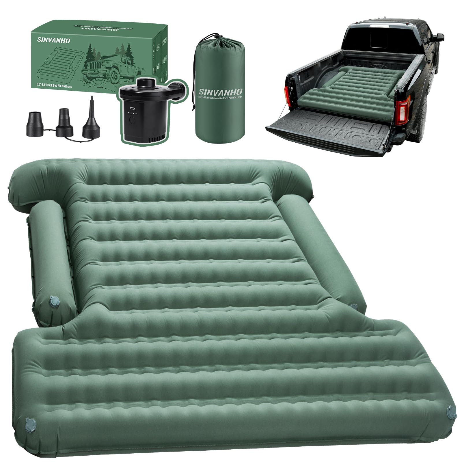 Truck Bed Air Mattress 5.5-5.8ft, with Cordless Pump Scratch-Proof Blow Up Camping Air Mattress Inflatable for Ford, Silverado, RAM, Sierra, Titan, Tundra, Pickup Tent Accessories for Outdoor Vacation