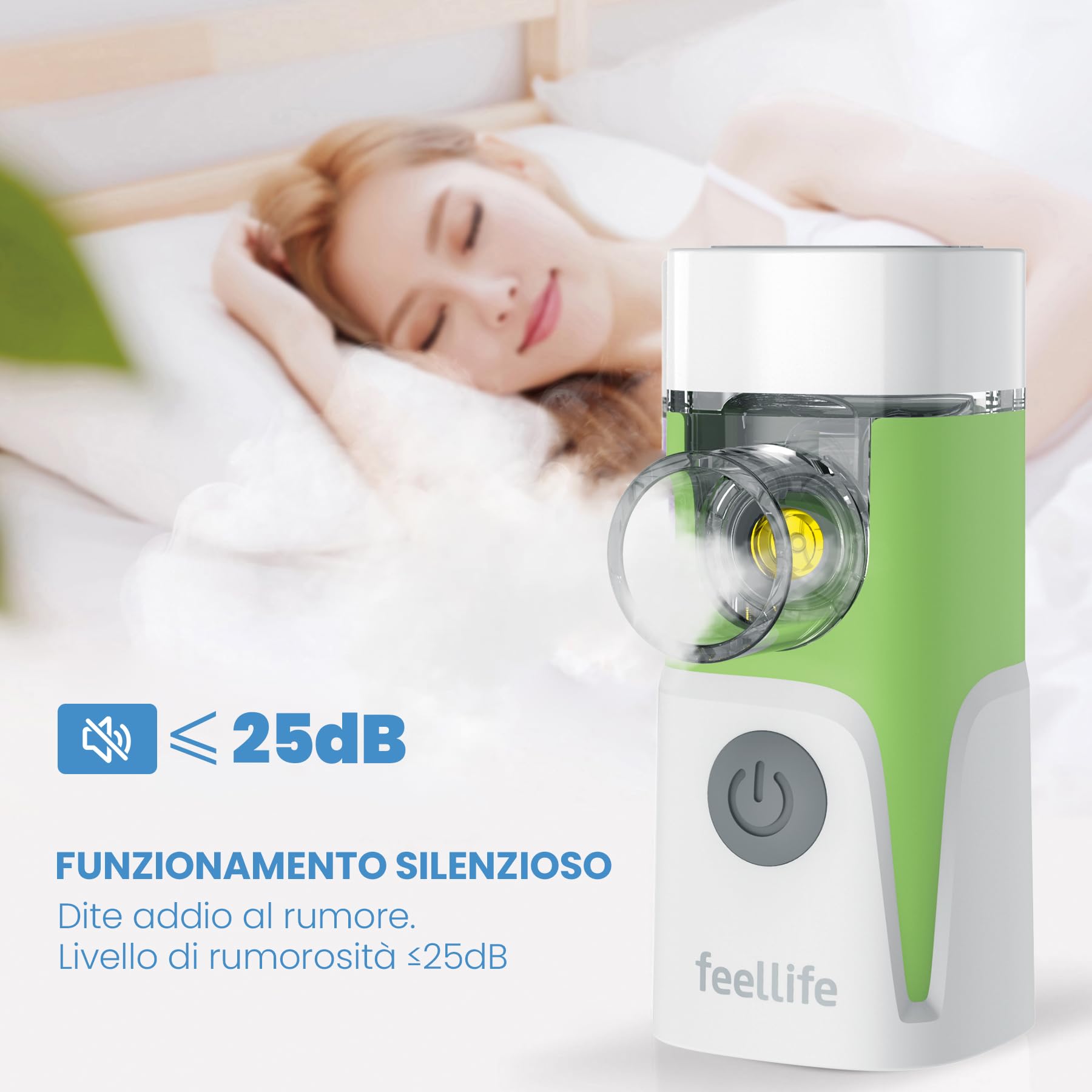 FEELLIFE Aerosol Portatile Silenzioso,Aerosol Portatile per Adulti e Bambini, Aerosol Ricaricabile con 2 Maschere E Boccaglio E Parte Sostituibile-Verde