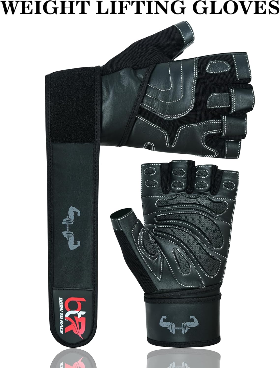Premium Cowhide Leather Weight Lifting Gloves - Fingerless, Padded, Long Wrist Support, Gym Workout, Powerlifting, Bodybuilding, Fitness, Unisex Design for Men & Women