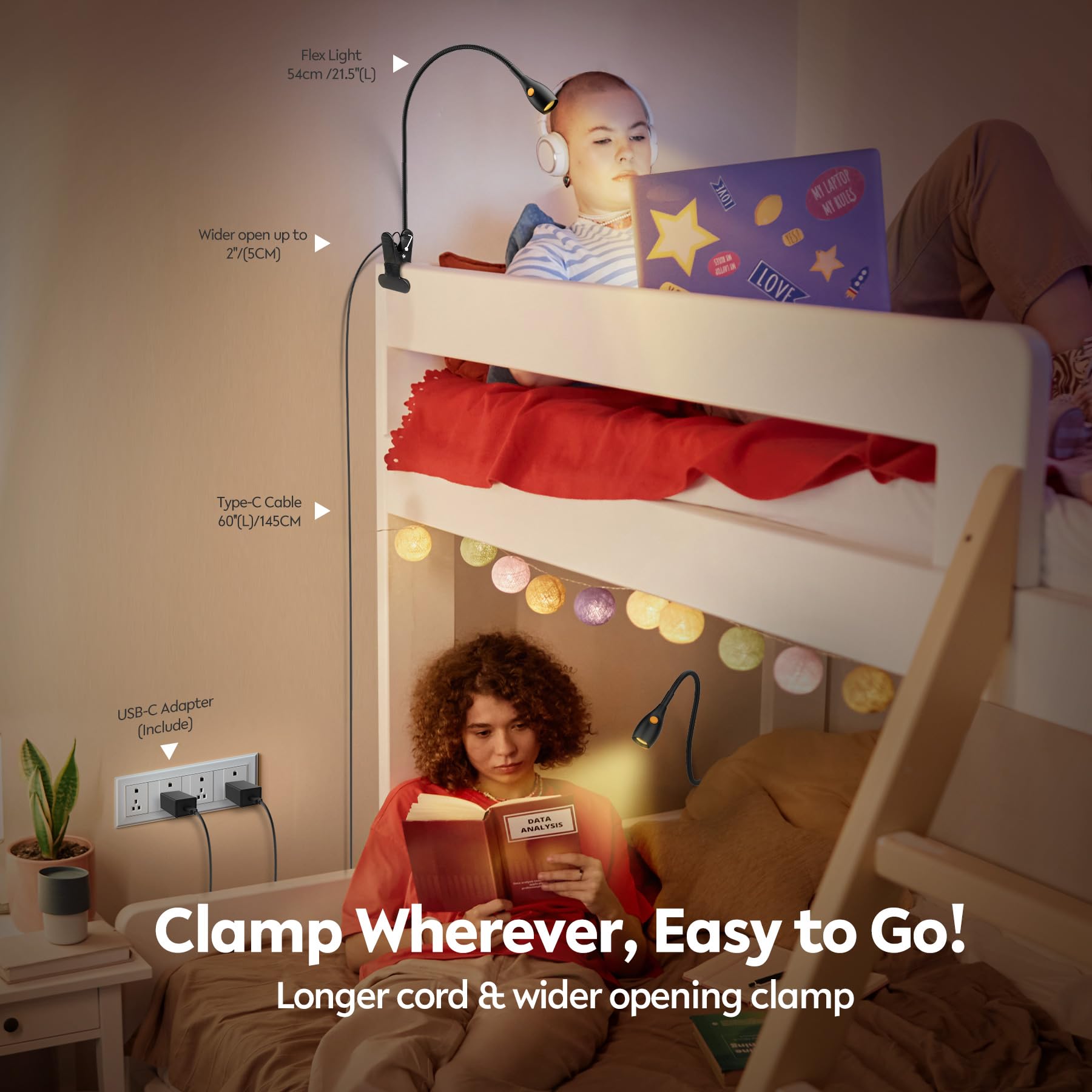 acegoo Lampada da lettura minimalista per testiera del letto, dimmerabile, lampada a clip con adattatore USB-C, collo d'oca flessibile e pratico interruttore della testa, CRI 95+