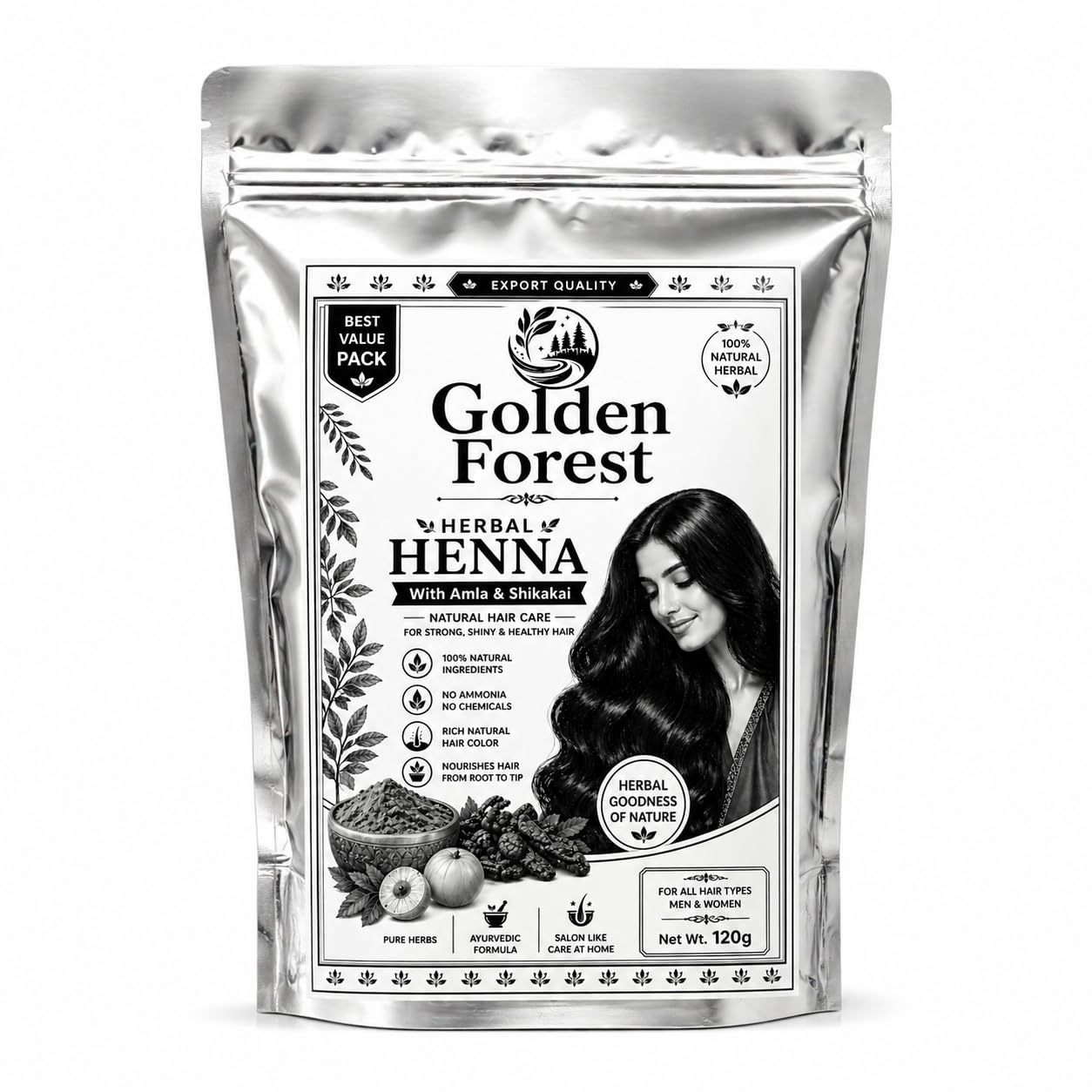Golden Forest Herbal Henna Mehandi Powder for Hair 120g | Natural Henna with Amla & Shikakai | Chemical-Free, Ammonia-Free Hair Color | Grey Coverage | Ayurvedic Hair Care for Strong, Shiny & Healthy Hair (Men & Women) {PACK OF 1 (120g)}-picture-21