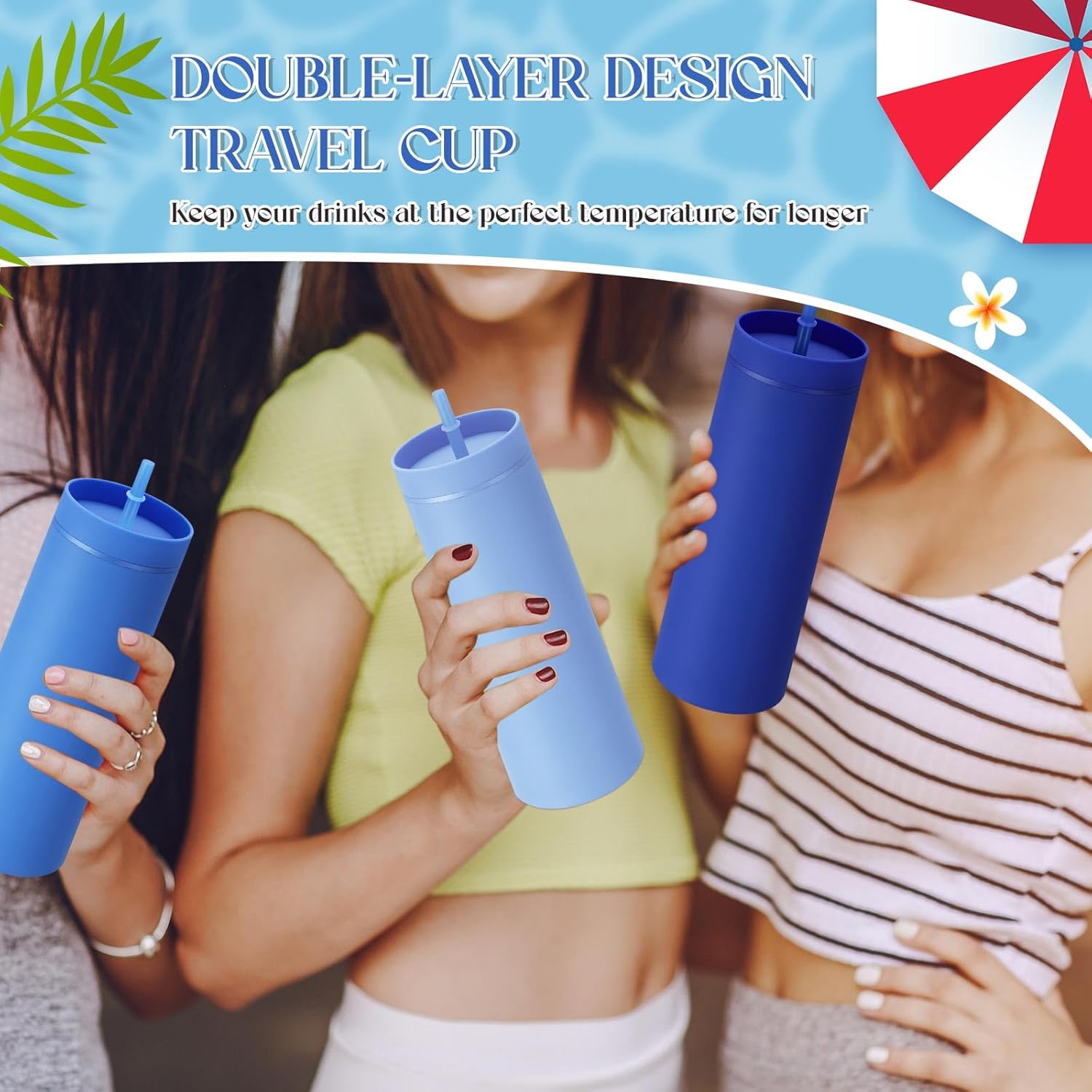 Baderke 8 Pack 16 oz Skinny Tumblers with Lid and Straw Matte Multicolor Reusable Double Wall Plastic Cup Coffee Travel Drinking Mug for Valentine Day Girl Women Home Birthday Gift (Blue) - Image 4