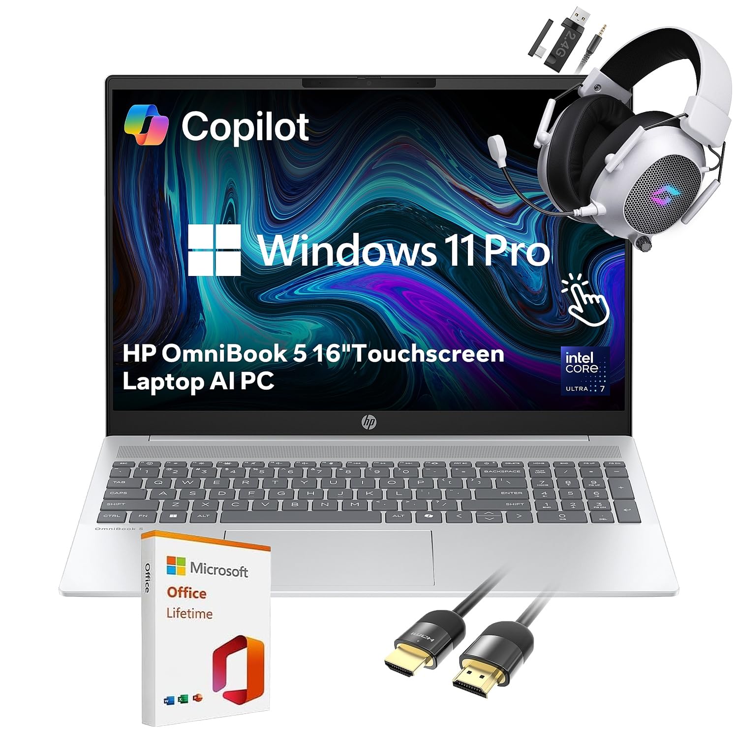 HP OmniBook 5 AI Touchscreen Business Laptop, Intel Core Ultra 7 255U, 16 inch 2K IPS Display 16GB RAM 2TB SSD Backlit Keyboard for Video Editing