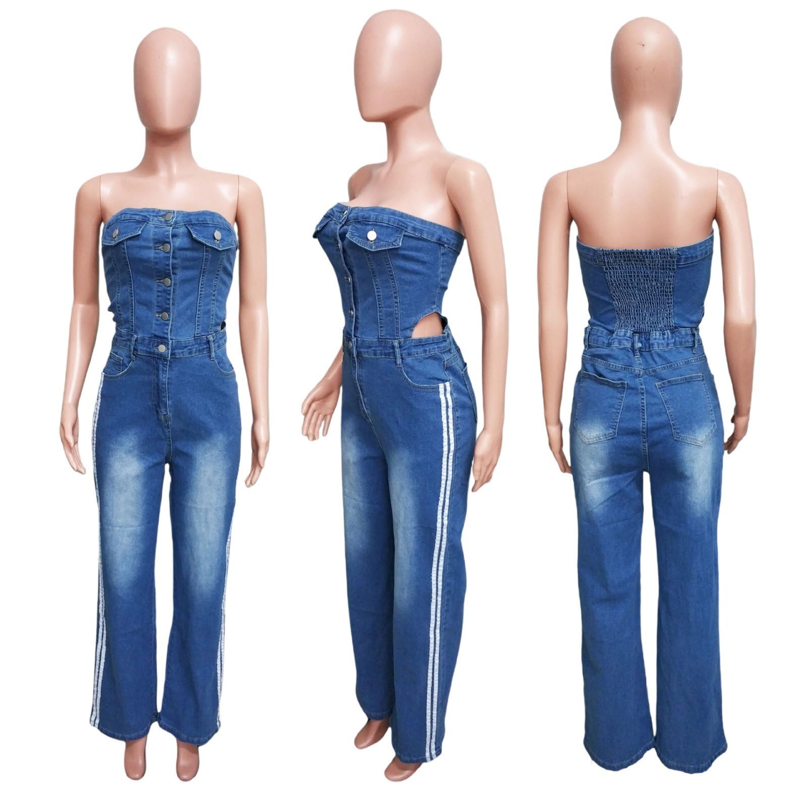 Damskie dżinsowe kombinezony zapinane na guziki Hollow Tube Top W paski Pełnej długości Jeans Pajacyki