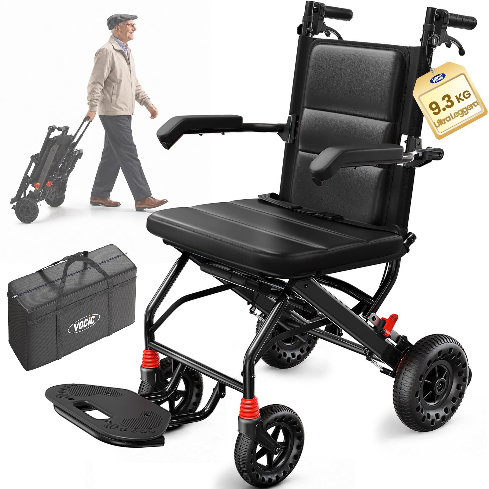 VOCIC U42 Sedia a Rotelle Pieghevole Leggera 9.35KG,2in1 Carrozzina&Deambulatore(Max 110KG),Cuscino del sedile da 4 cm,Ruote 20CM Honeycomb,Alluminio,Sedia a Rotelle Stretta