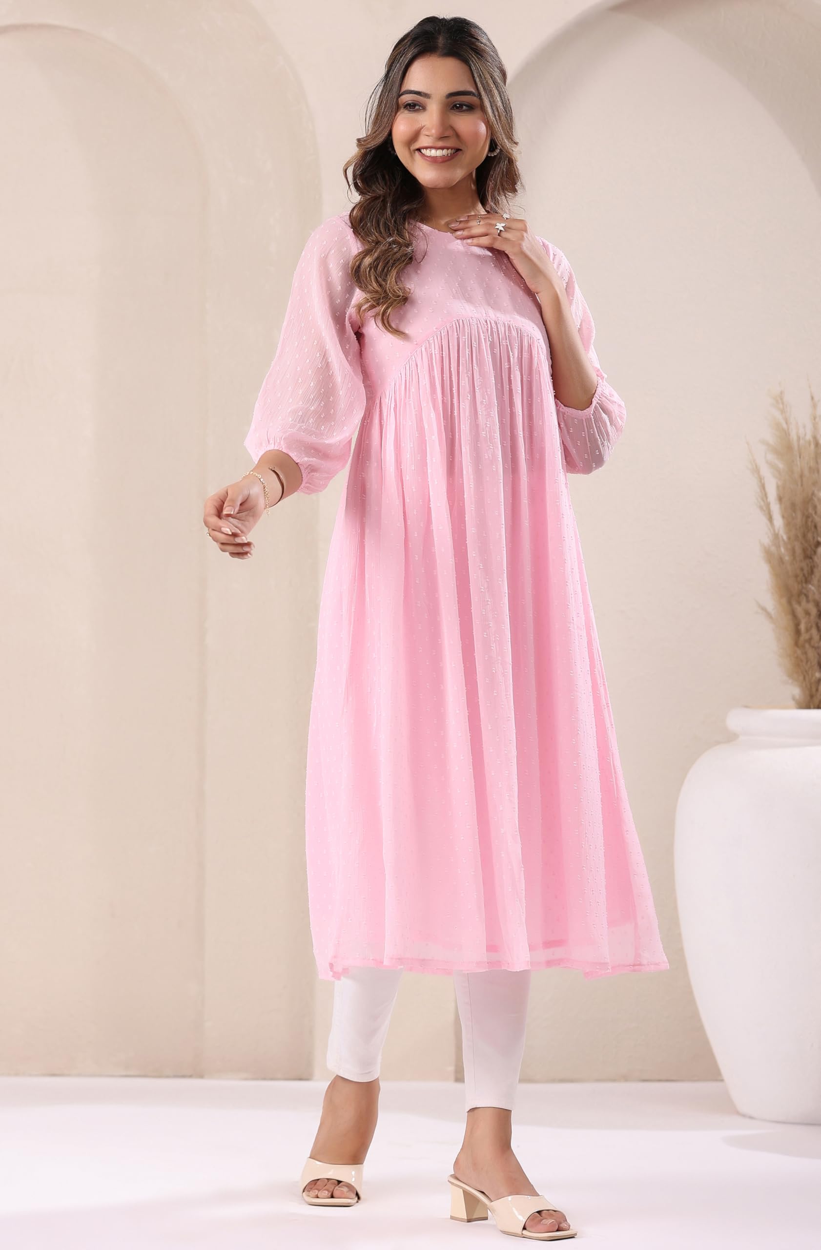 Janasya Women's Baby Pink Dobby Chiffon Self Design A-Line Kurta product image 2