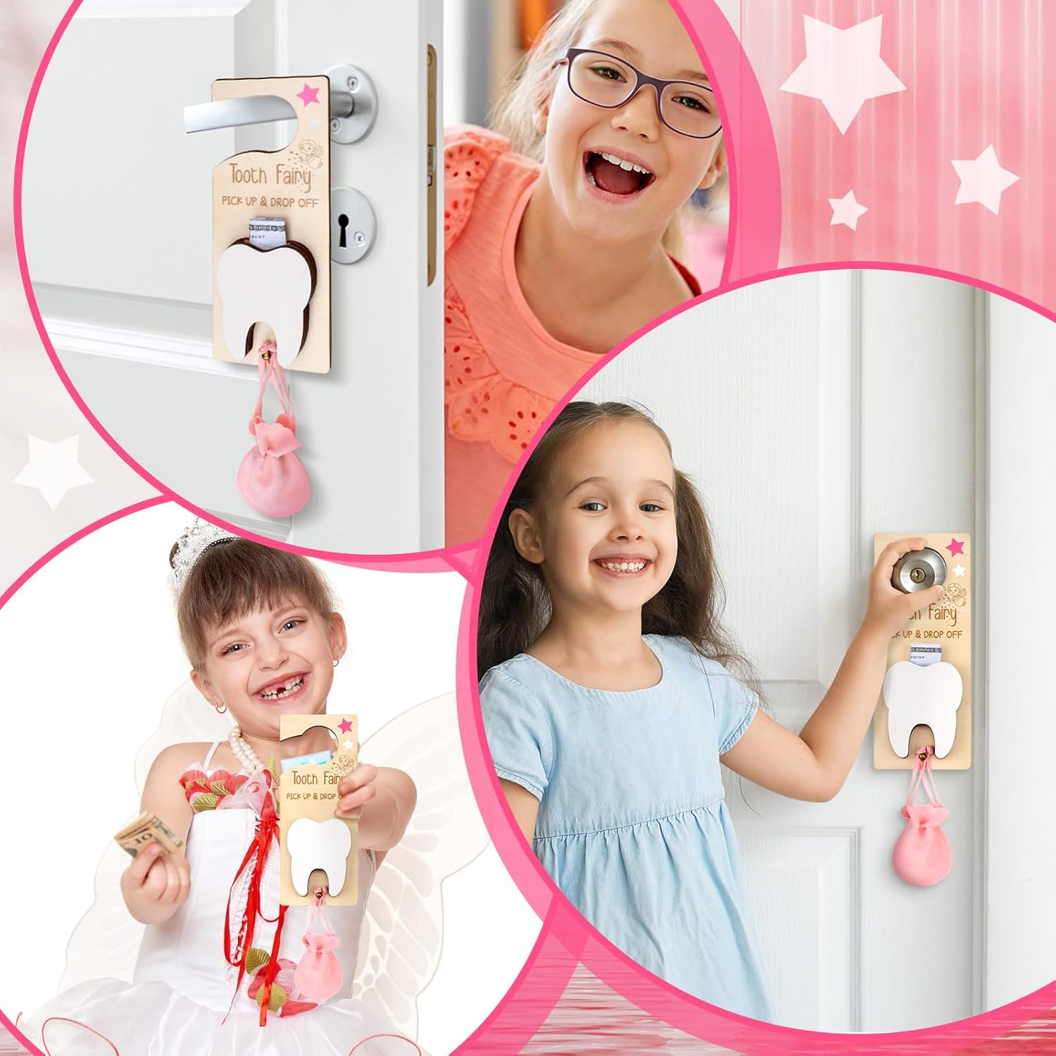 DoubleFill Tooth Fairy Gift Holder Bag Door Hanger Tooth Fairy Kit Stores Lost Teeth Keepsake Box Easter Gift World Oral Health Day Gifts for Lost Teeth Boy Girl(Classic,Pink)