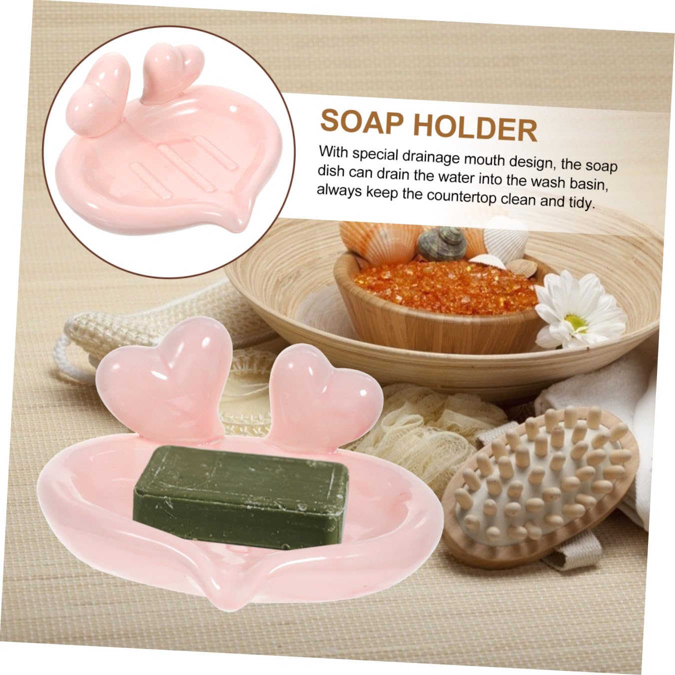 Jabonera de Baño en Forma de Corazón de Cerámica Rosa 1 Pieza | Diseño Creativo, Función de Drenaje, Fácil de Limpiar, para Aseo Público y Detalle de Obsequio