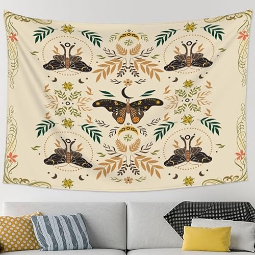 Miniatura 2 de Dogtesl Tapiz bohemio para colgar en la pared, tapiz psicodélico de flores para dormitorio, mariposa naranja, luna, tapiz estético para sala de