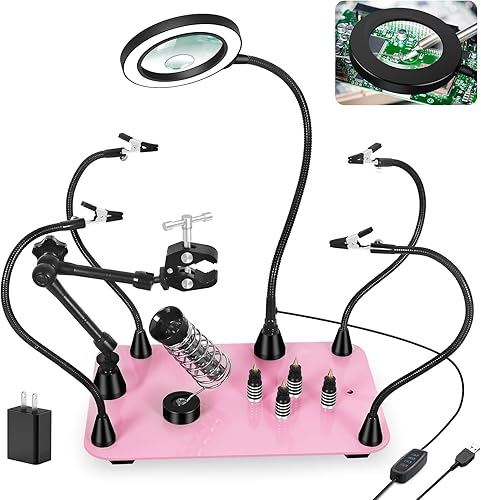 Manos magnéticas que ayudan a soldar tercera mano, herramienta de manos de ayuda con lámpara de aumento LED 3X y 6X, soporte para pistola de aire