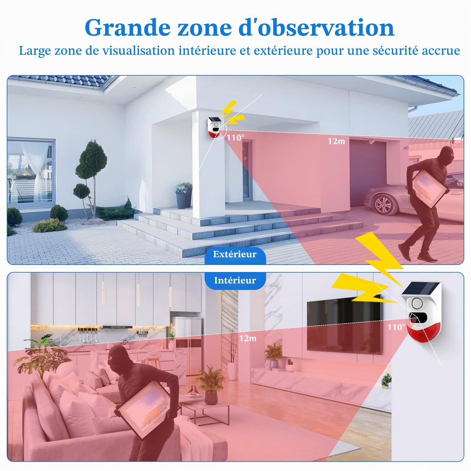 Yasorn Alarme Solaire WiFi Détecteur de Mouvement Infrarouge, Sirène 120dB IP67 Étanche, Télécommande RF, Alerte Push Tuya Smart Life, 4 Modes de Fonctionnement, Extérieur Jardin Maison, Lot de 2
