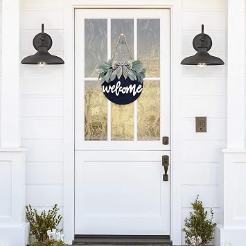 Welcomeリースサイン ファームハウスフロントポーチ装飾 素朴なドアハンガー プレミアムグリーン付き - Welcome Home Sign ポーチ 吊り下げ クリスマス 新築祝い ホリデーギフト ホームデコレーション ブラック