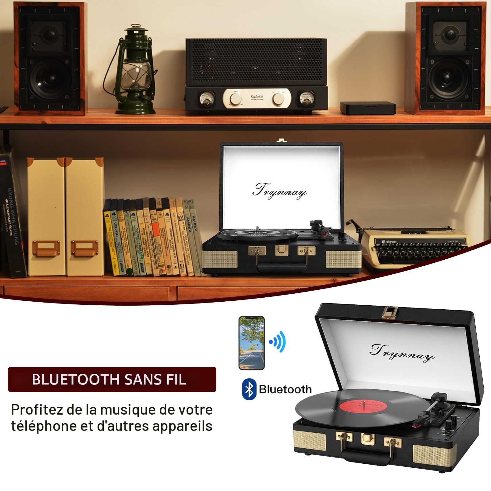 Trynnay Tourne-disque 3 vitesses Bluetooth portable Valise lecteur vinyle avec haut-parleurs intégrés Tourne-disque Son audio amélioré Cuir PU Vintage Noir