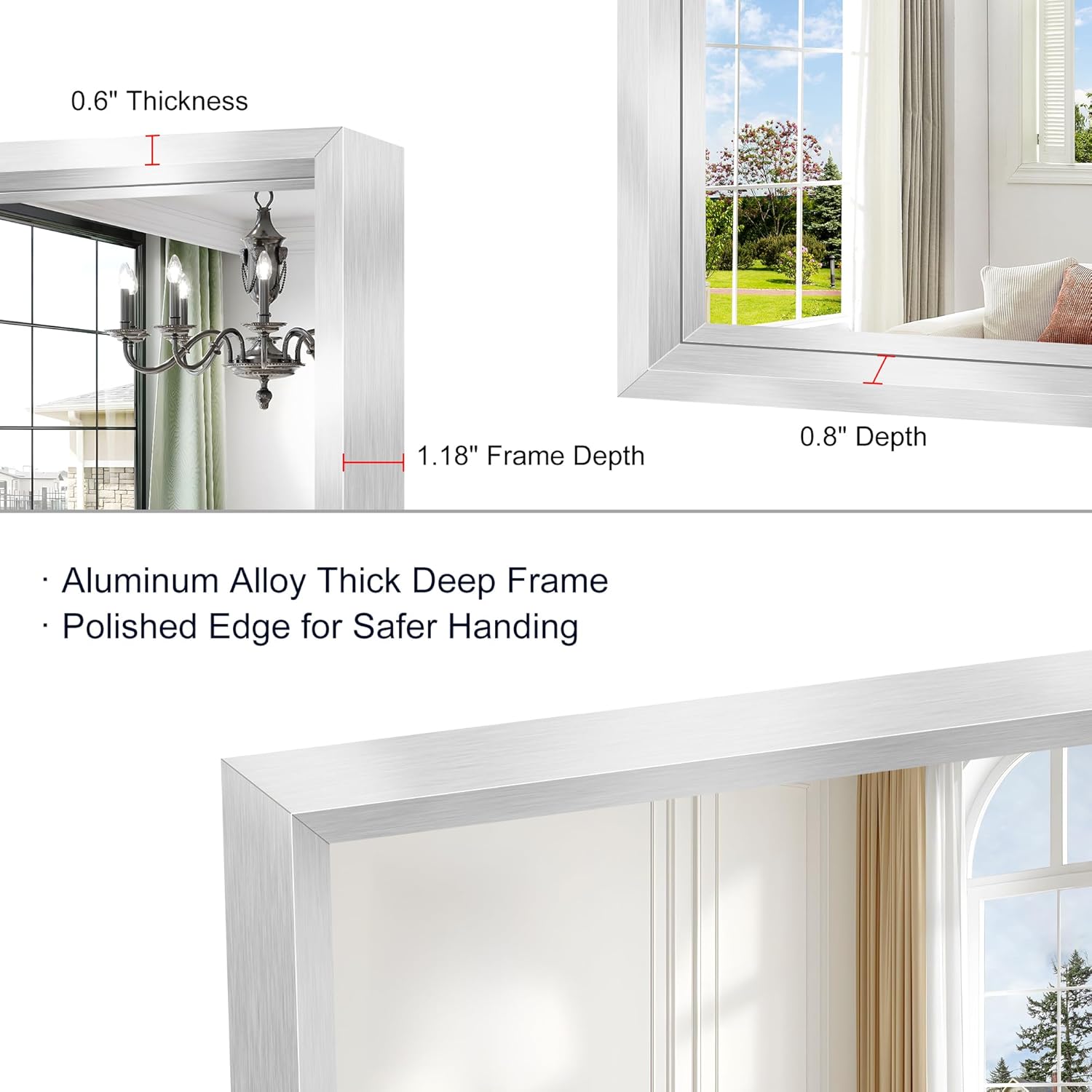 36x60 inch Brushed Silver Bathroom Mirror, Large Rectangular Mirror for Wall, 0.6" Thickened Deep Frame Mirrors for Bathroom Sink, Shatterproof Tempered Glass, Antirust, Horizontally/Vertically