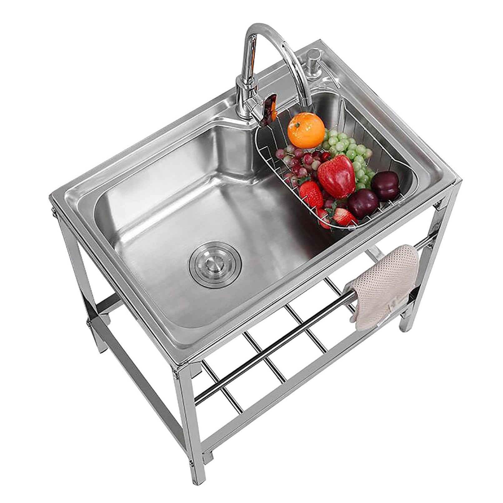 Évier extérieur sur Pied, cuve Unique en Acier Inoxydable, évier de Cuisine Mobile avec Robinet, tuyaux d'eau Chaude et Froide, pour Atelier, Ferme ou Restauration.
