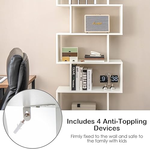 Miniatura 7 de Estantería de 5 estantes, estantería geométrica con puertas, estantes altos en forma de S, estante de exhibición de madera con gabinete, estante