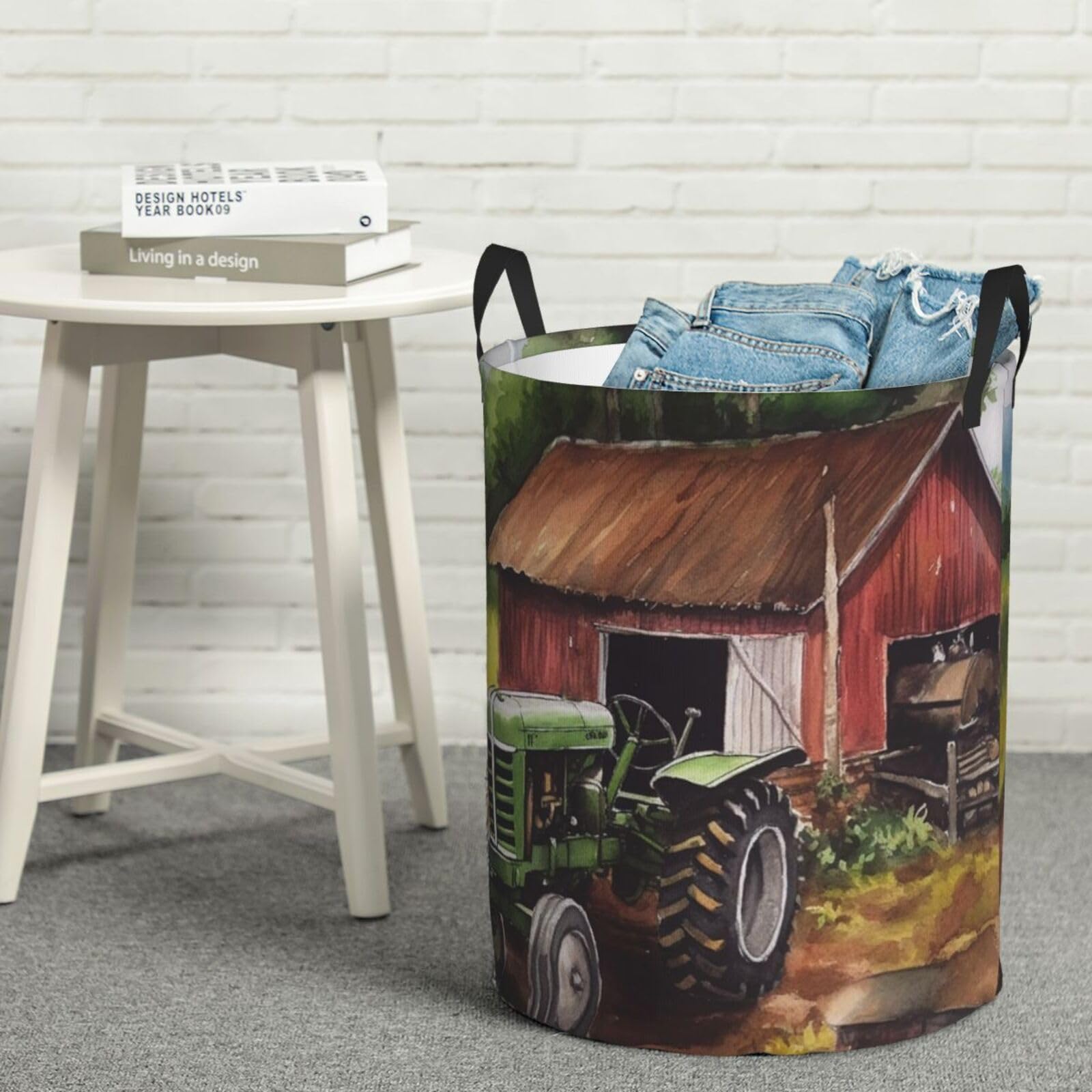 Panier à linge rond tracteur à la ferme avec poignées pour ranger les couvertures de salle de bain