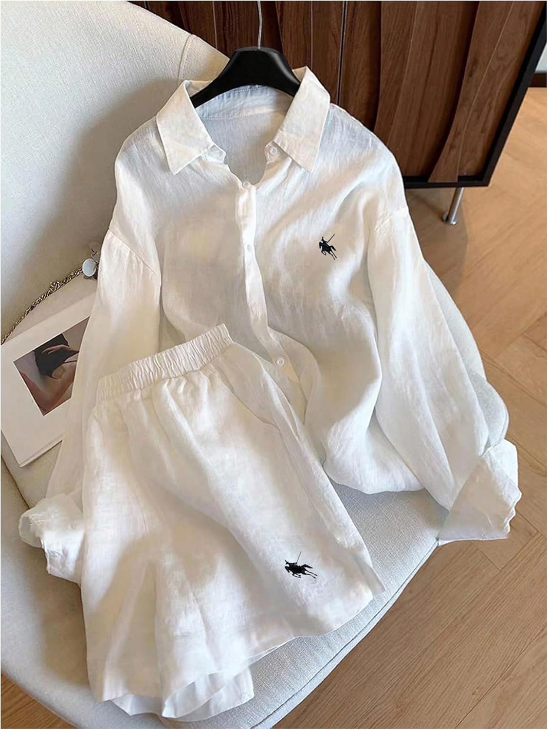 SweatyRocks Women's 2 Piece Outfits Button Down Shirts Lounge Linen Sets and Mini Shorts Pajama Gauze Set Beachwear