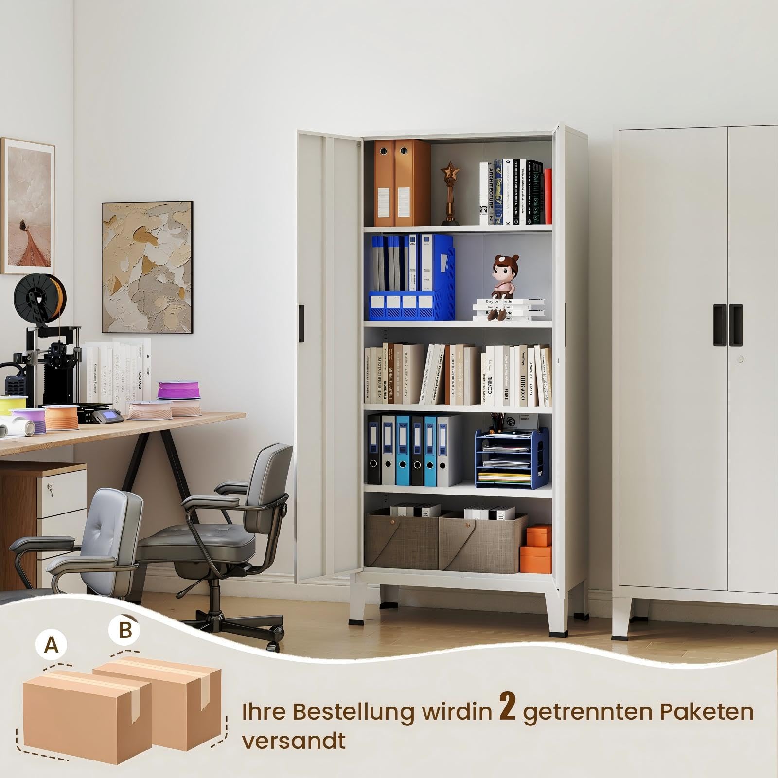 YOUDENOVA Armoire de Bureau Métallique 80 x 40 x 180 cm avec Serrure Rangement Bureau avec 5 Compartiments pour Classeur, Doubles Portes, Serrure, Armoire à Outils,Étagères Réglables,Blanc Mat