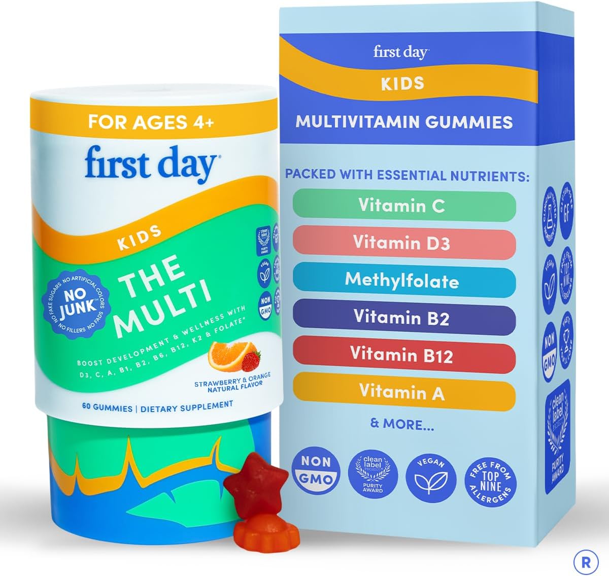 Kids Multivitamin Gummies Age 4+, Strawberry & Orange - Kids Vitamins Multivitamin Gummy A C D3 K2 B1 B2 B6 B12 Folate, Immunity & Brain Function, Vegan - 30 Day Supply, Packaging May Vary