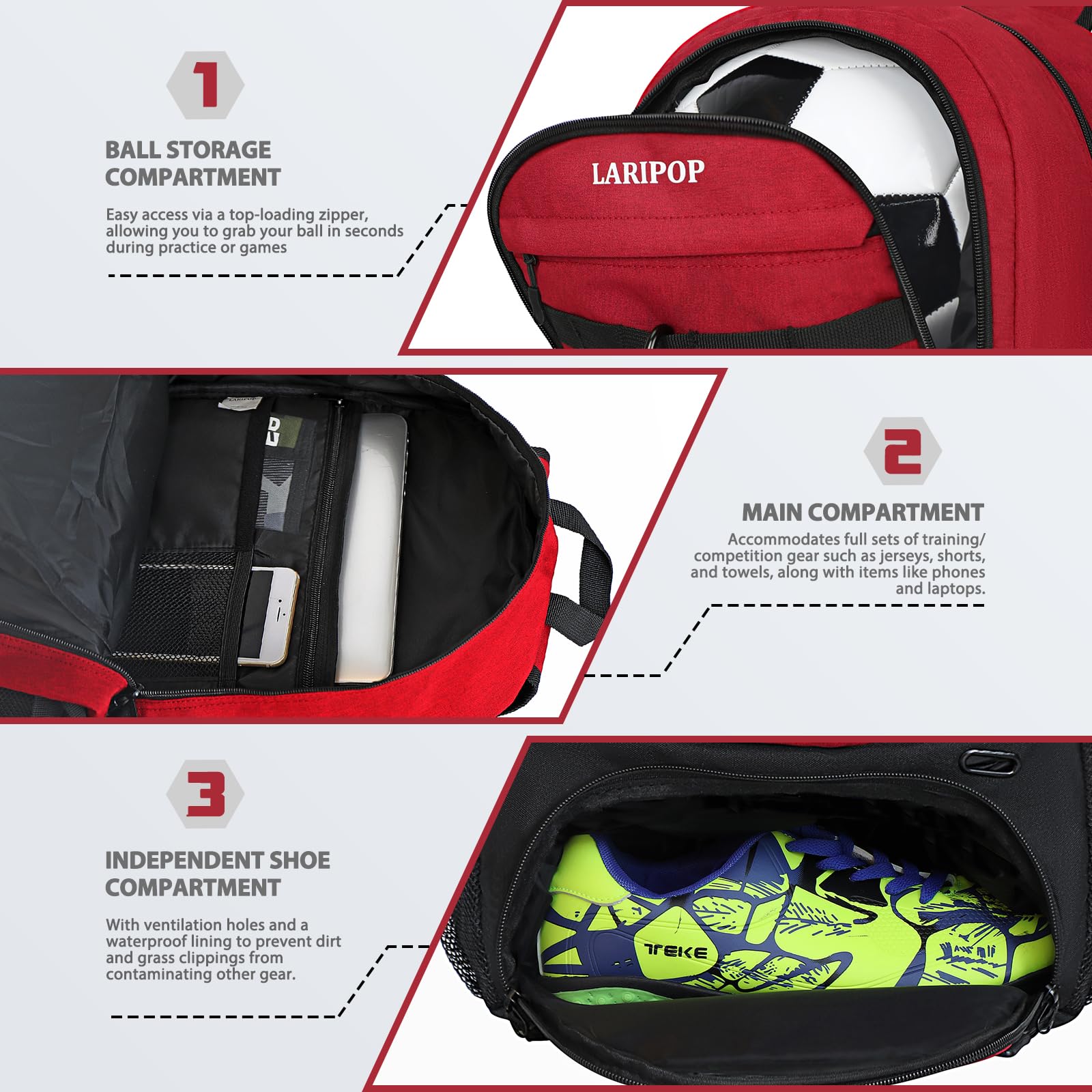 LARIPOP Mochila de fútbol con Soporte para Pelota y Compartimento para Zapatos, Equipo Deportivo, Bolsa de Entrenamiento para Baloncesto