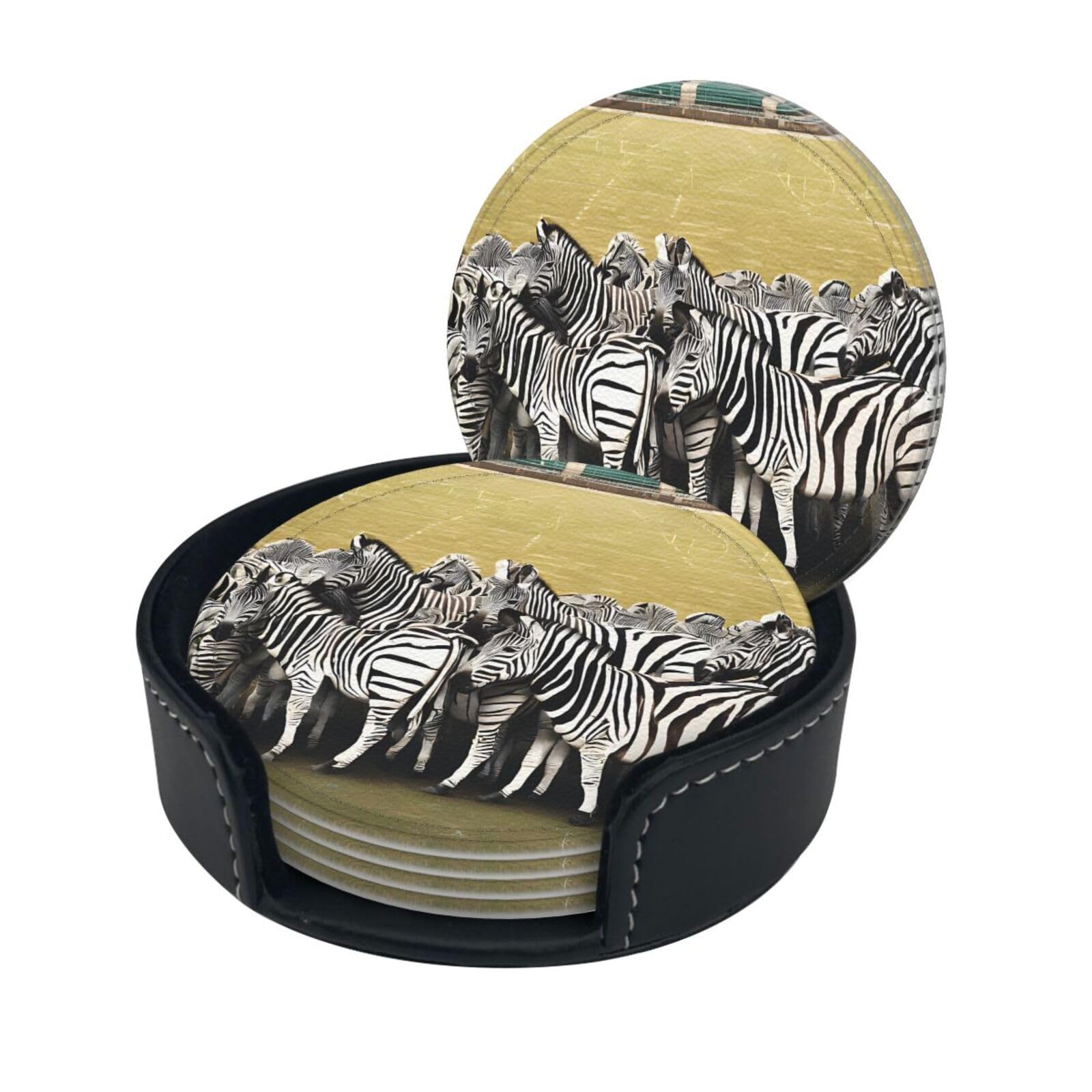 Zebra Racetrack Print Coaster,Round Leather Coasters with Storage Box for Wine Mugs,Cold Drinks and Cups Tabletop Protection (6 Piece)
