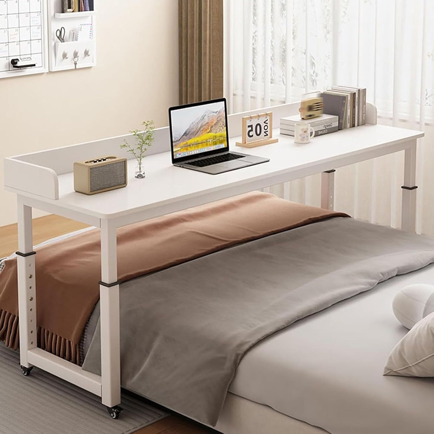 Overbed Table Height Adjustable Mobile Standing, Mobile Over Bed Table, Portable Medical Over Bed Desk Space Saving for Bedroom, Living Room, Hospital(White,94.4x15.7in/240x40cm)