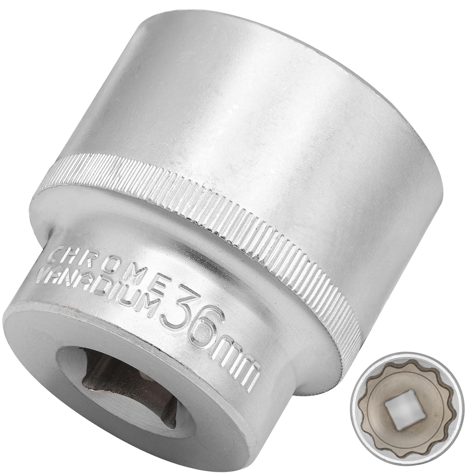 DAKCOS 36mm Spline Socket 1/2" Drive Multi-Tooth 12 Ponit Socket Spanner,CR-V, Mat Chrome Finis