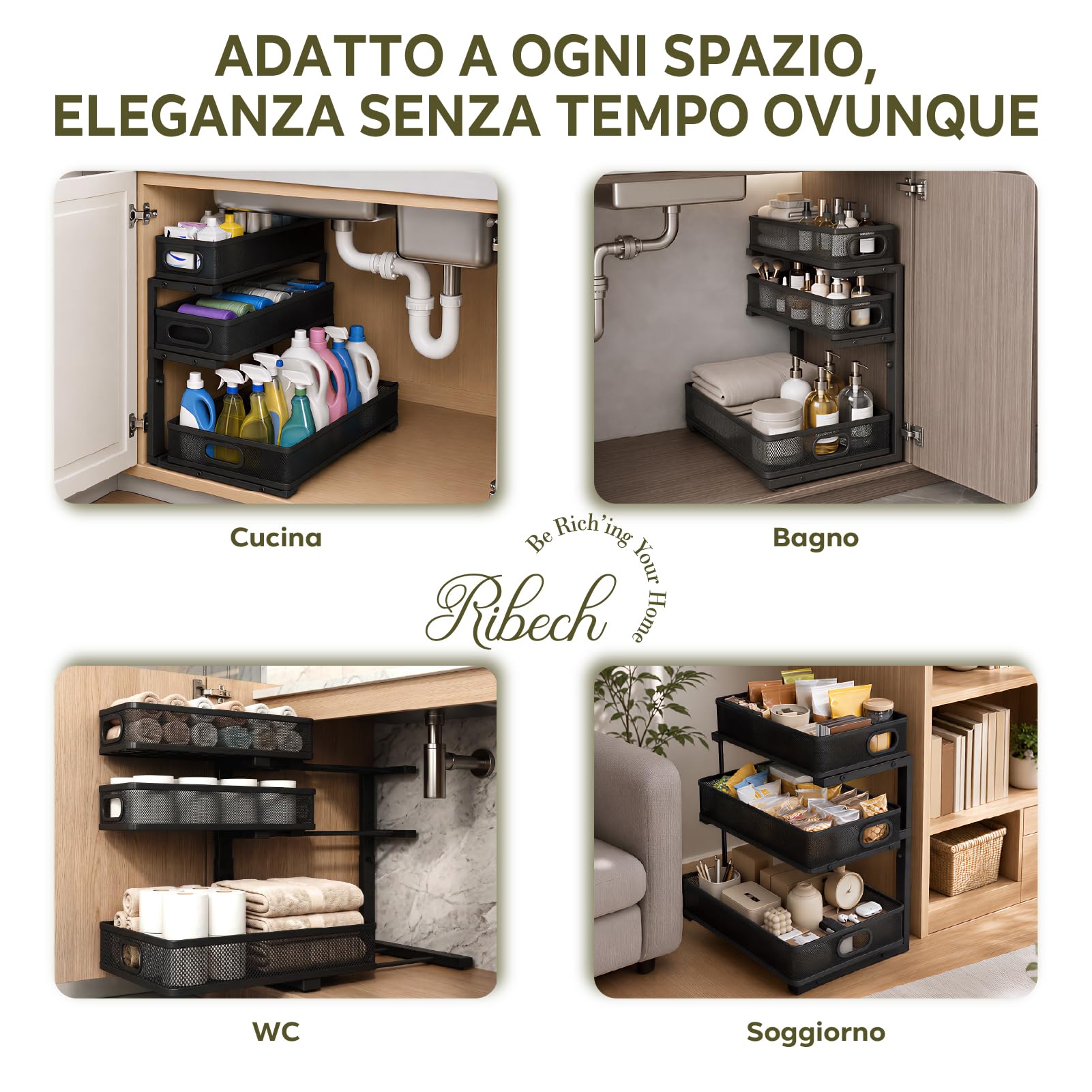 Organizzatore Estraibile 3 Livelli, Altezza regolabile, Acciaio Carbonio Cassetti Rete, Scaffale Sottolavello Cucina, Bagno, Dispensa (Antiscivolo)