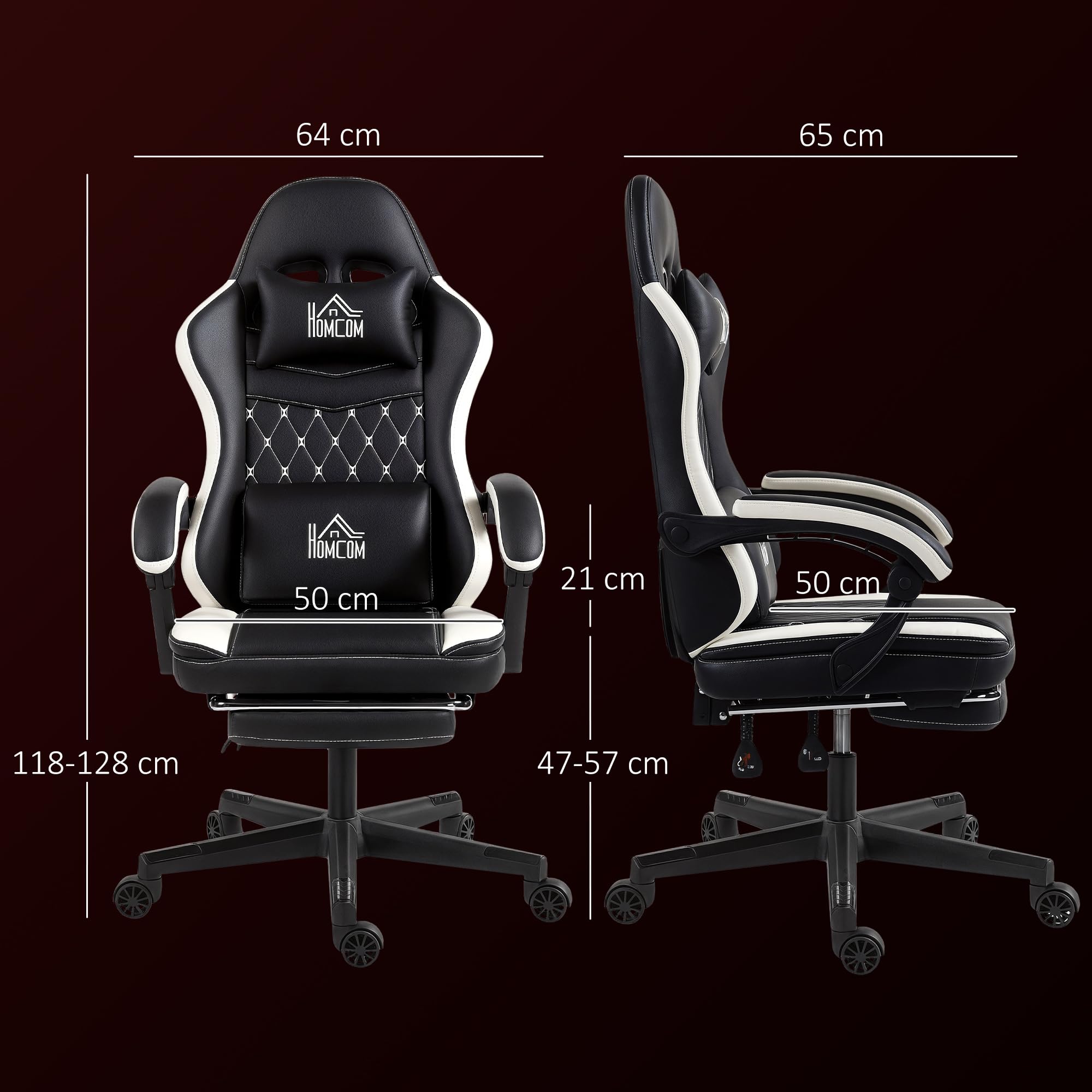 HOMCOM Fotel gamingowy, ergonomiczny fotel dla graczy z podparciem okolic lędźwiowych, podnóżkiem, z regulacją wysokości, fotel gamingowy z poduszką pod głowę, krzesło biurowe z diamentowym szytym