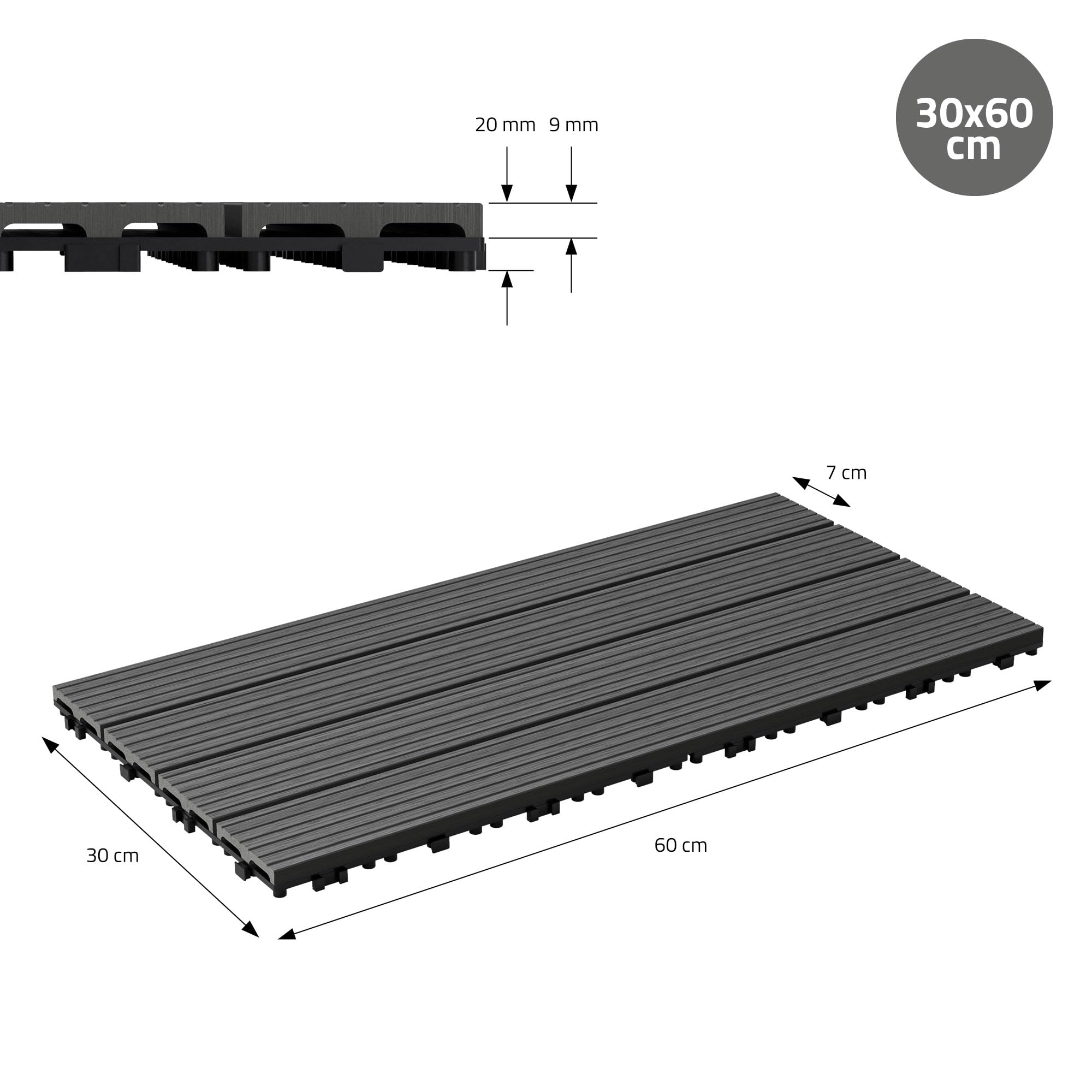 ECD Germany Dalles Terrasse Clipsables WPC 60x30 cm/12 pièces=2m² Anthracite Strié Aspect Bois Panneaux avec Système à Clic et Drainage Revêtement de Sol Carrelage Lames Patio Jardin Extérieur