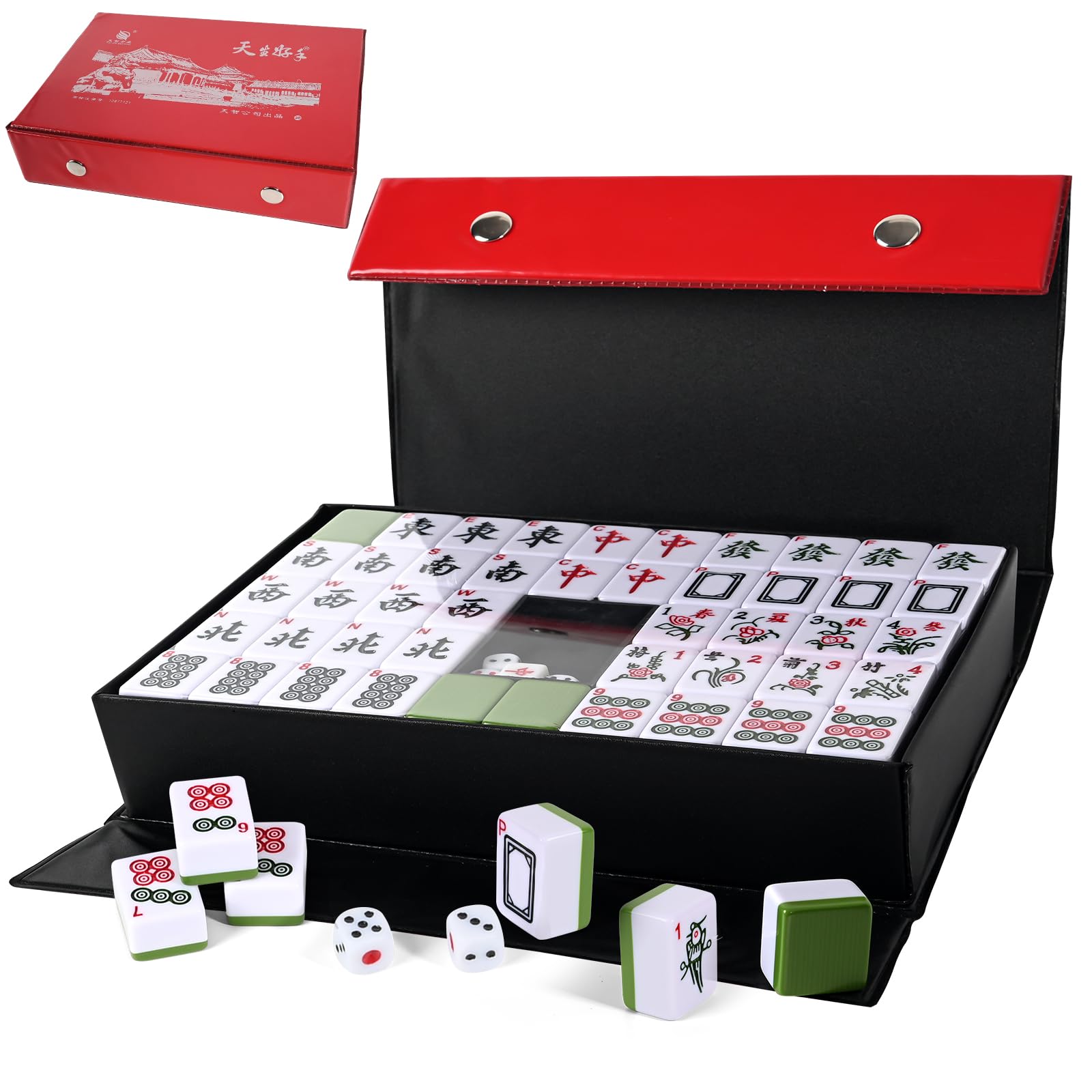 Goumthe Chinese Majong Set, 144pcs Mahjong Game Set Quality Mah Jong Tiles with Exquisite Storage Box Easy to Carry, Instructions Include Mah Jongg Sets for Travel Party Family Game 麻将(30x22.5x17mm)