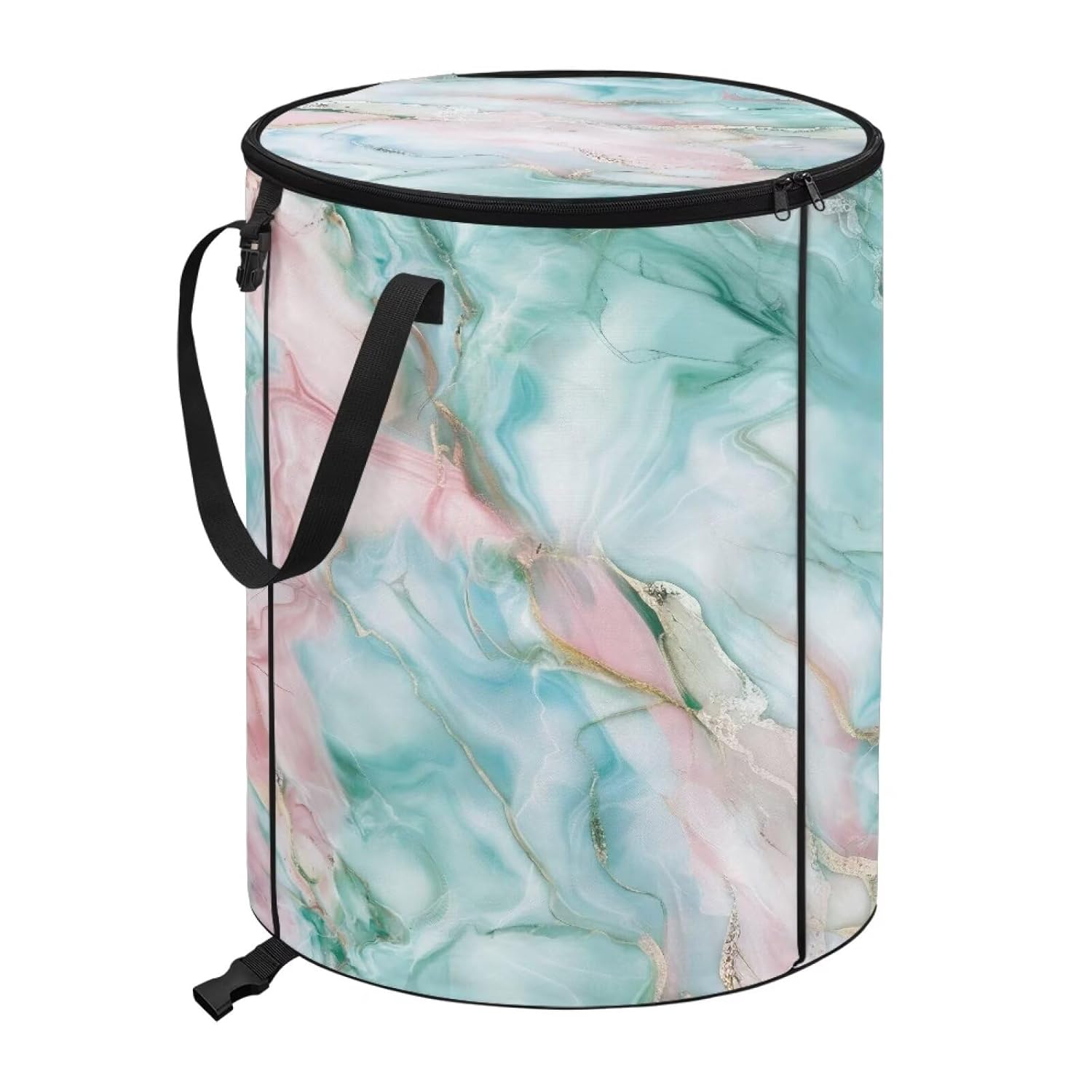 doginthehole Teal Pink Marble Portable Trash Can Large Foldable Big Camping Can with Lid Storage Bag Pop Up Trash Cans for Parties, 22.83x17.71 in