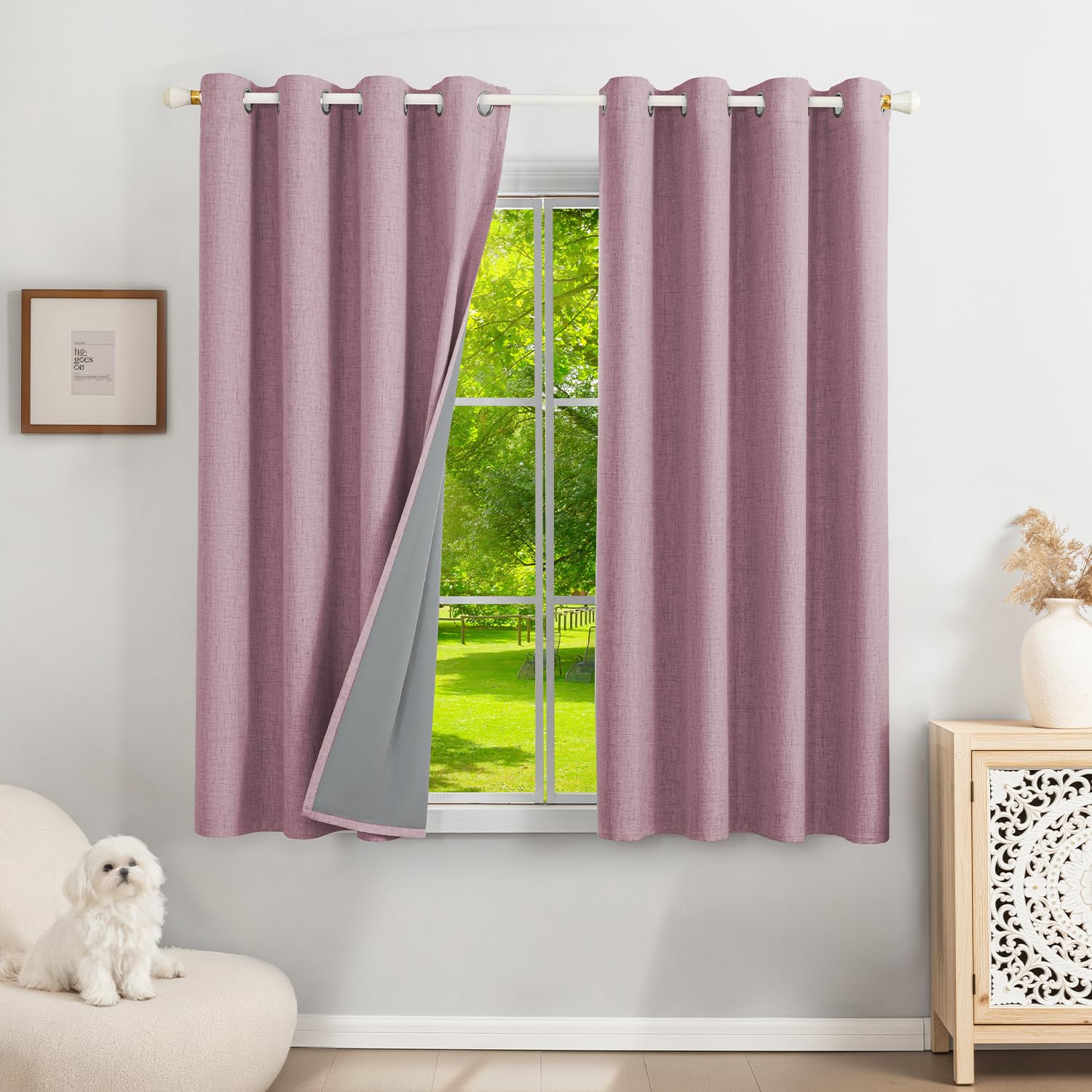 Runyéla 100% Blackout Linen Curtains Eyelet 52 x 63 Inch Drop for Living Room Bedroom Kitchen Thermal Curtain 2 Panels Pink
